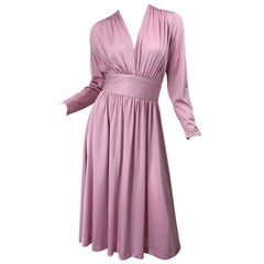 Joy Stevens 1970s Pink Mauve Dusty Rose Long Sleeve Disco Used 70s Dress