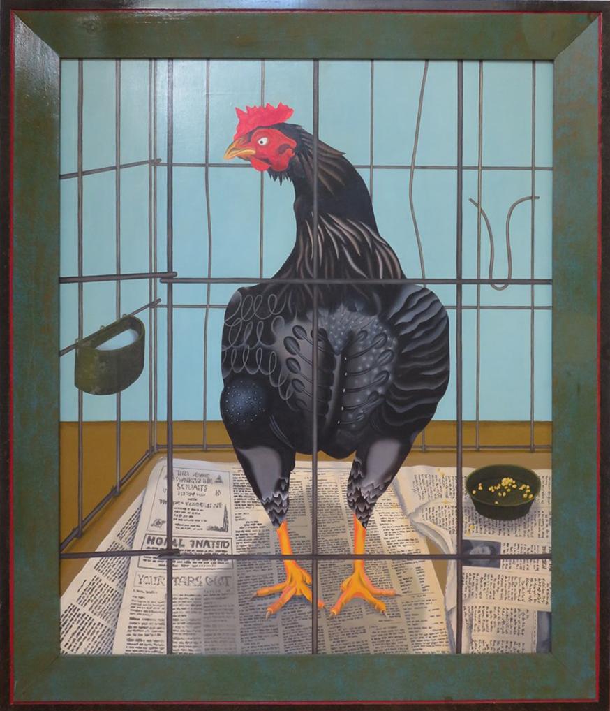 Joy Taylor Figurative Painting - Best Pullet (Abstracted Animal Painting of Black Farm Chicken Against Blue)