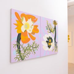Oopsie (Contemporary Abstract Floral Still Life, Diptych, Orange and Orchid))
