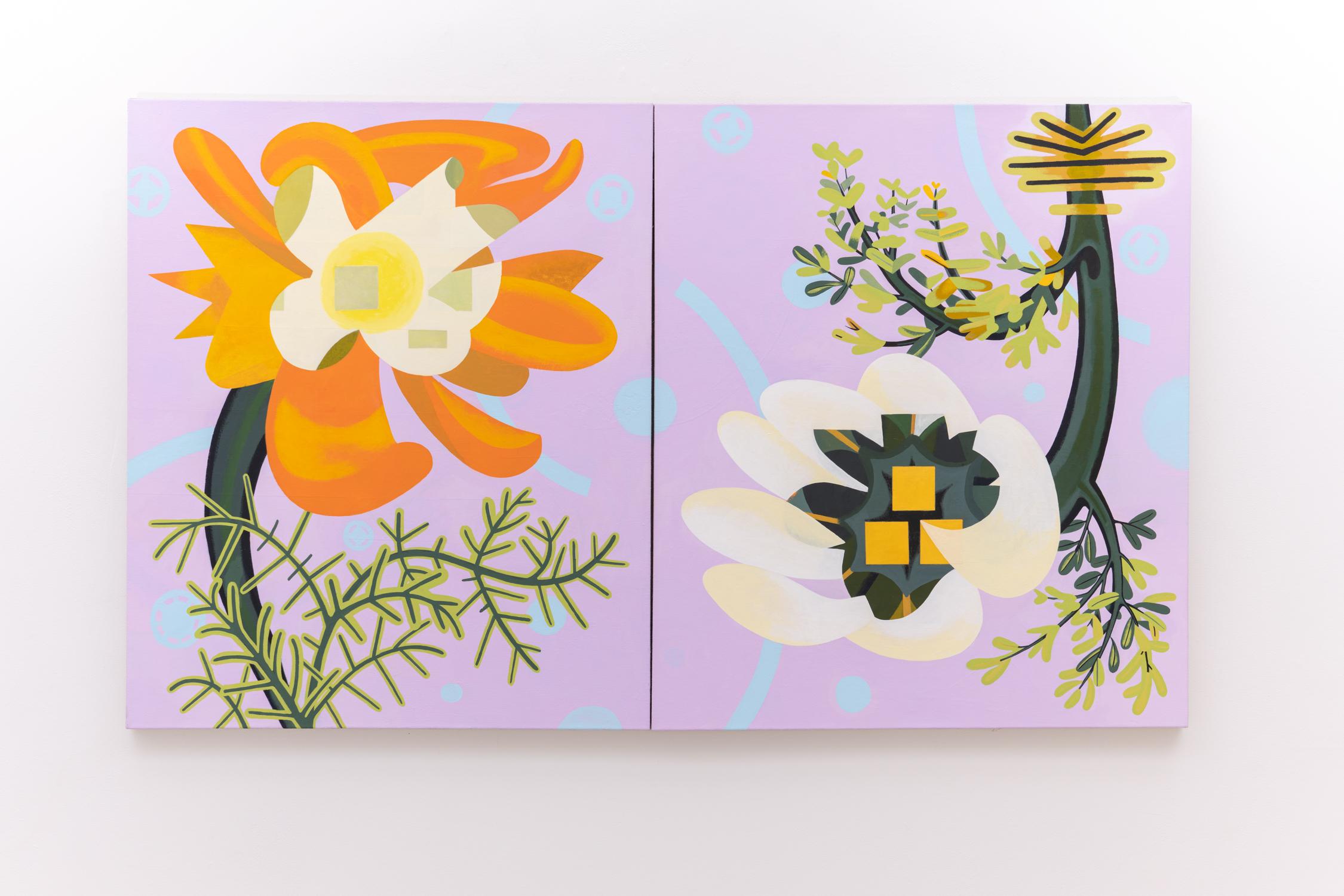 Oopsie (Zeitgenössisches abstraktes Blumenstillleben, Diptychon, Orange und Orchidee)) – Painting von Joy Taylor