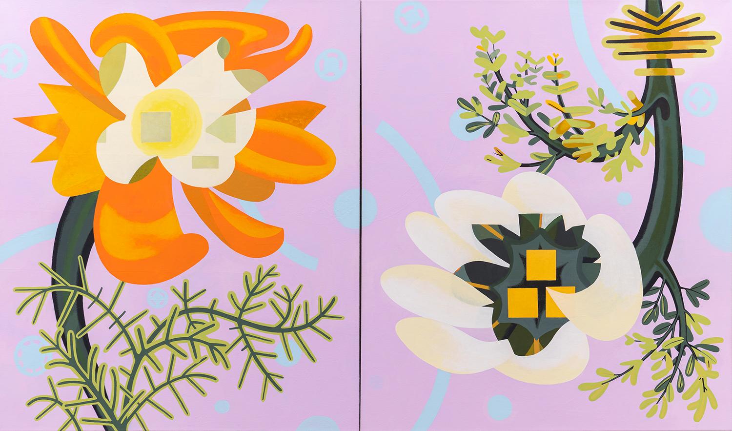 Joy Taylor Abstract Painting - Oopsie (Contemporary Abstract Floral Still Life, Diptych, Orange and Orchid))