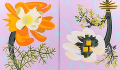 Oopsie ( nature morte florale abstraite contemporaine, diptyque, orange et orchidée)