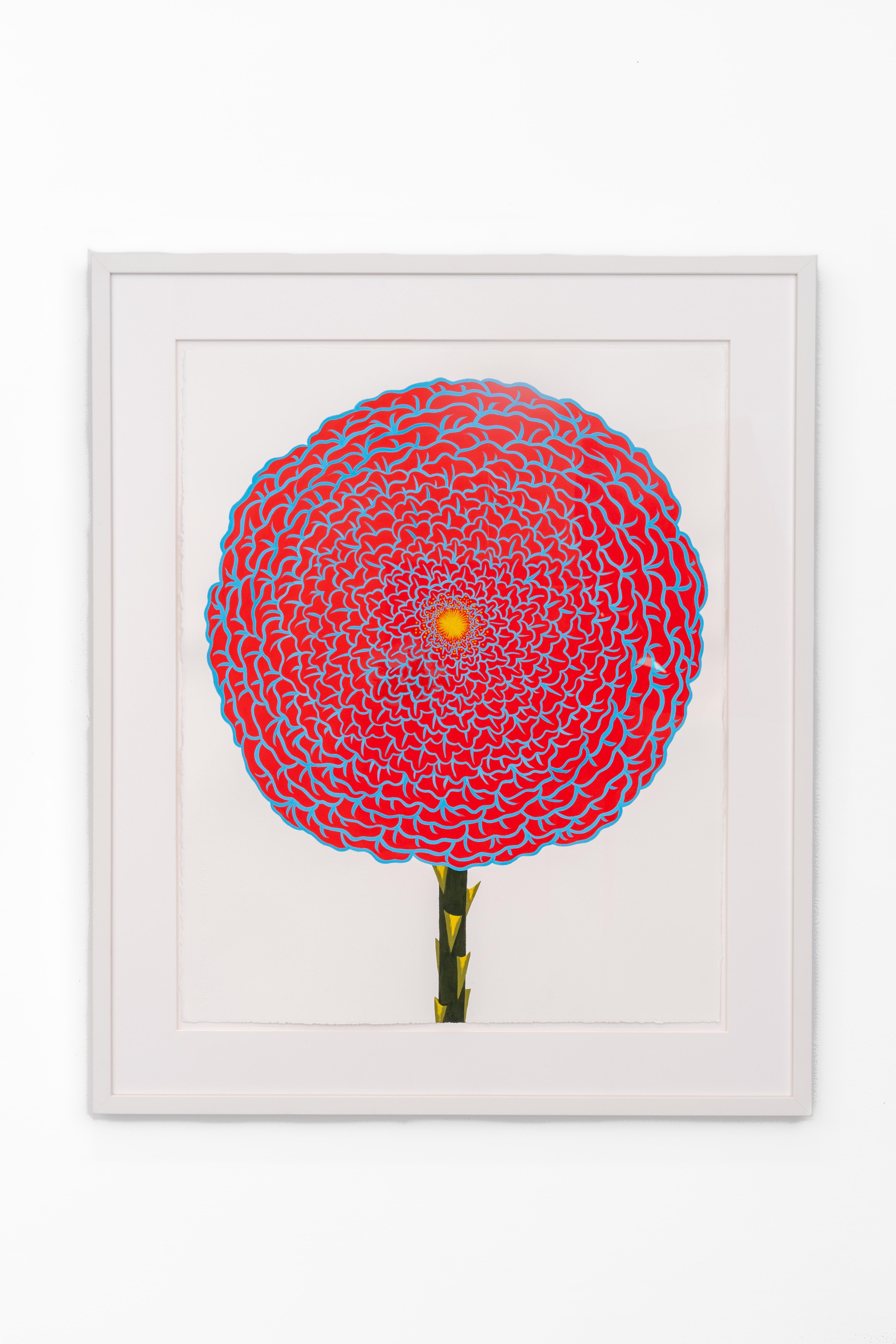 Rose rouge et céruléenne (peinture de nature morte abstraite sur papier d'une fleur rouge) - Painting de Joy Taylor