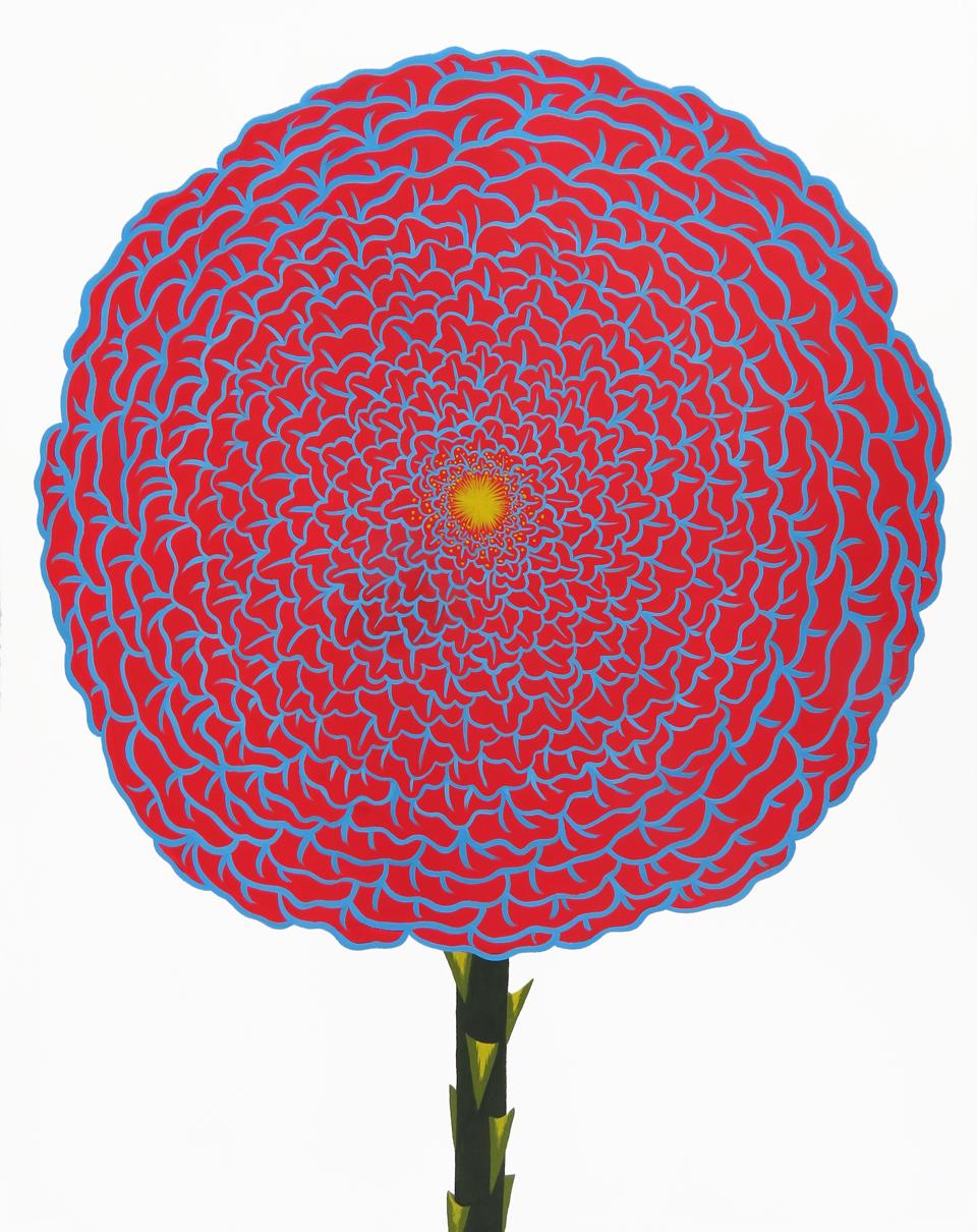 Joy Taylor Still-Life Painting – Rote und keramische Rose (Abstraktes Stillleben auf Papier mit einer roten Blume)