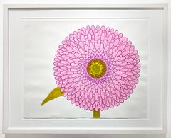 Zinnia (Contemporary Still Life, Graphic Hand-Painted Pink Flower on Paper)
