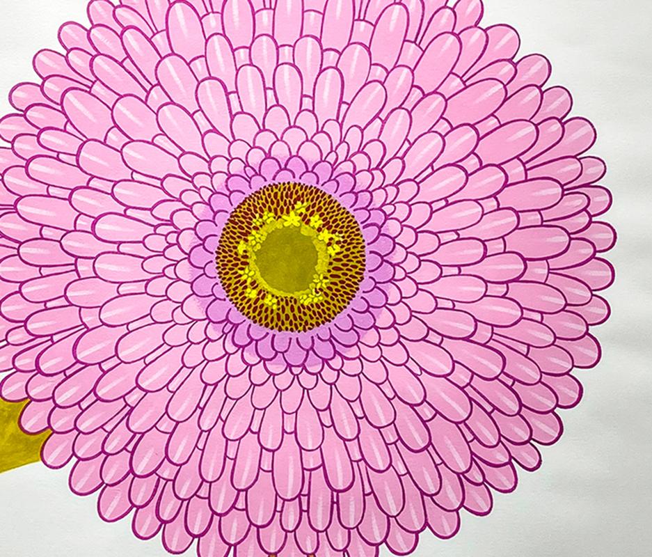 Zinnia (Zeitgenössisches Stillleben, grafische handbemalte rosa Blume auf Papier) im Angebot 3