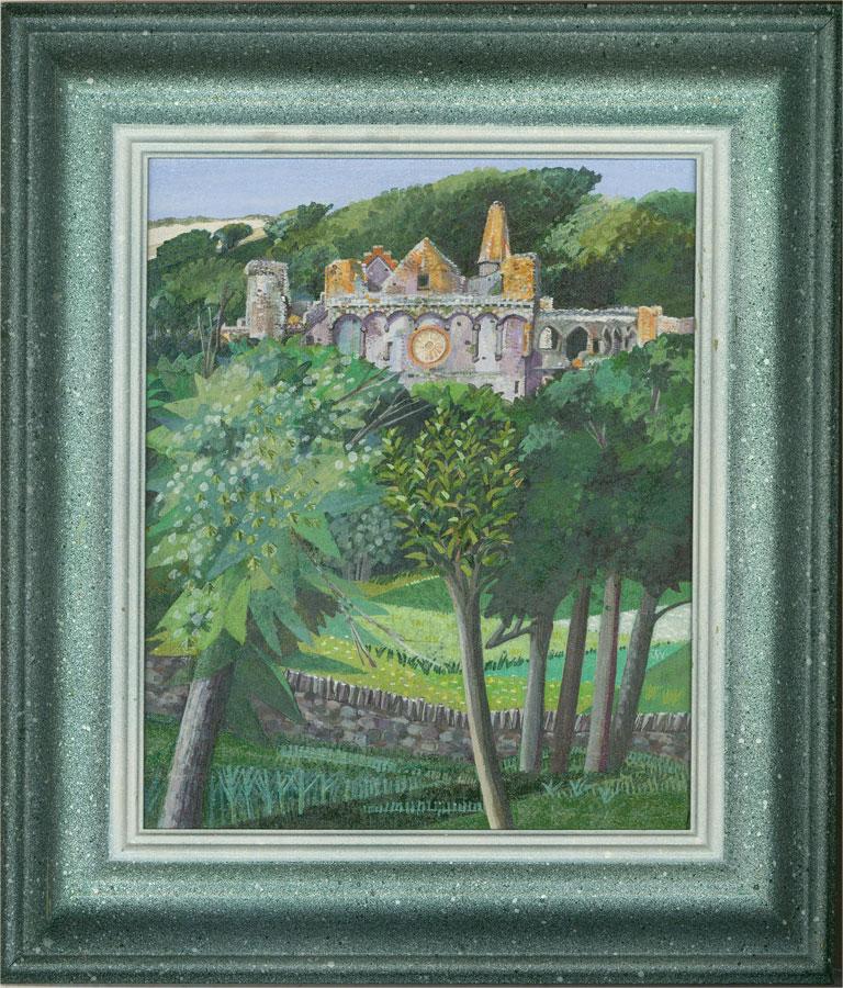 A vibrant and dynamic landscape with a view of the ruin of St David's Bishop's Palace in Pembrokeshire, seen through the trees. The artist has used an incredibly vivid palette to enhance the verdant landscape. The painting has been presented in a