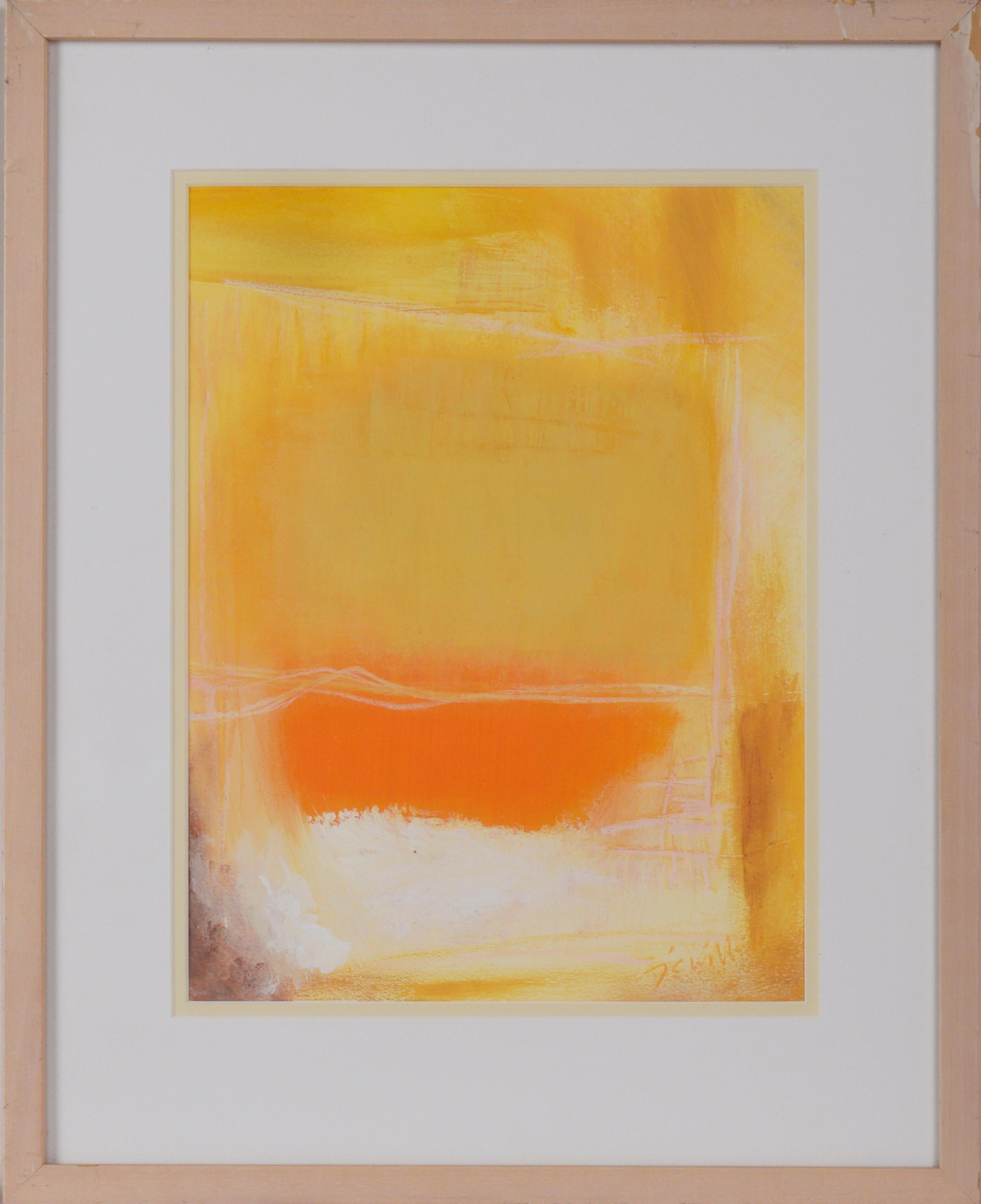 "Arising" - Abstrakter Fauvist - Stil von Rothko in Acryl auf Papier

Abstraktes Gemälde, das einen schwachen gelben Aquarellhintergrund mit verschiedenen Gelbtönen entlang der Ränder zeigt, die in die Mitte übergehen und sich mit Orange- und