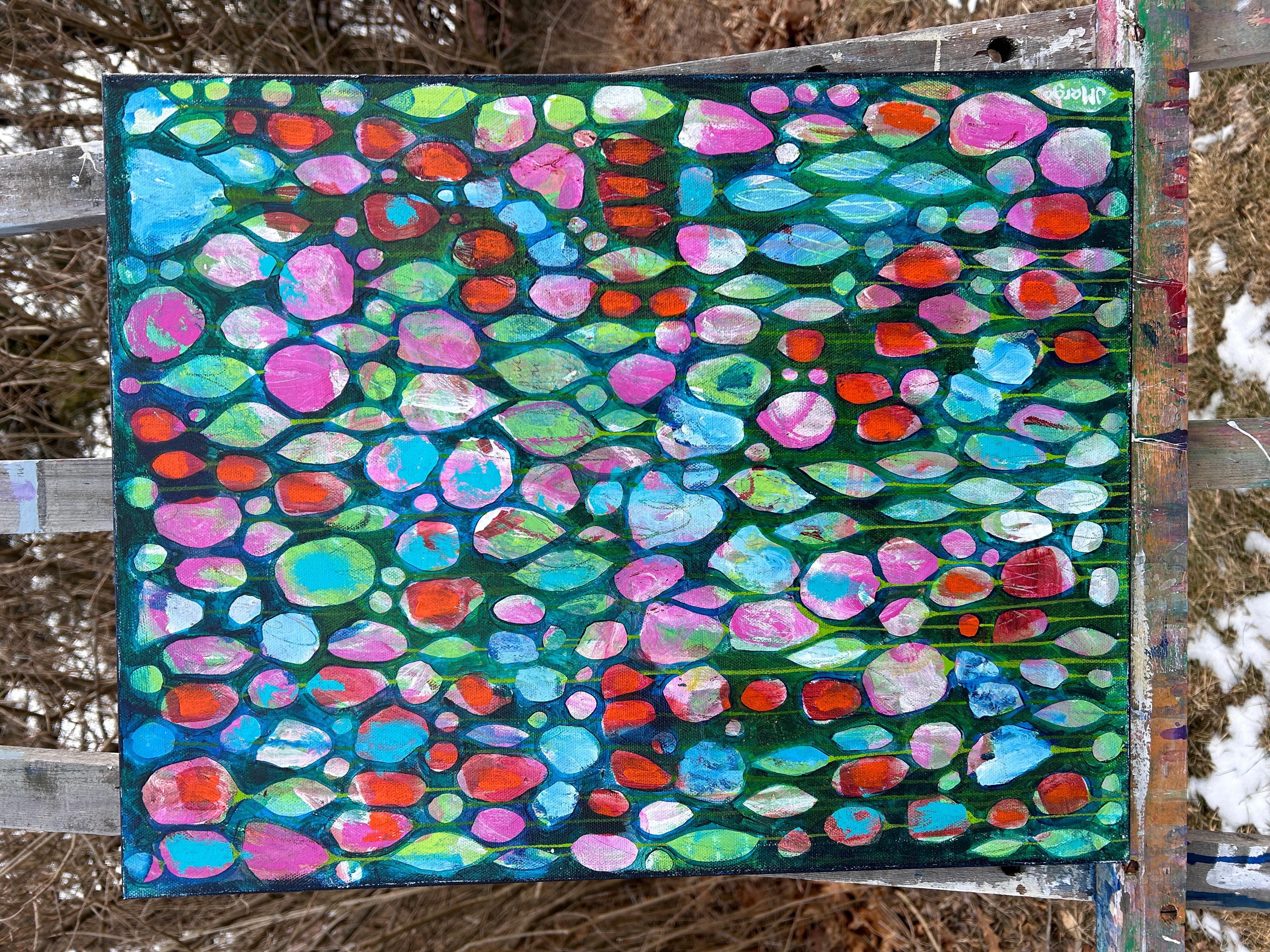 <p>Commenti dell'artista<br />Elementi botanici formano un mosaico luminoso e colorato su uno sfondo verde acqua. La composizione emana un senso di flusso ritmico e di energia gioiosa. L'artista Joyanna Margo si è ispirata alle sue profonde