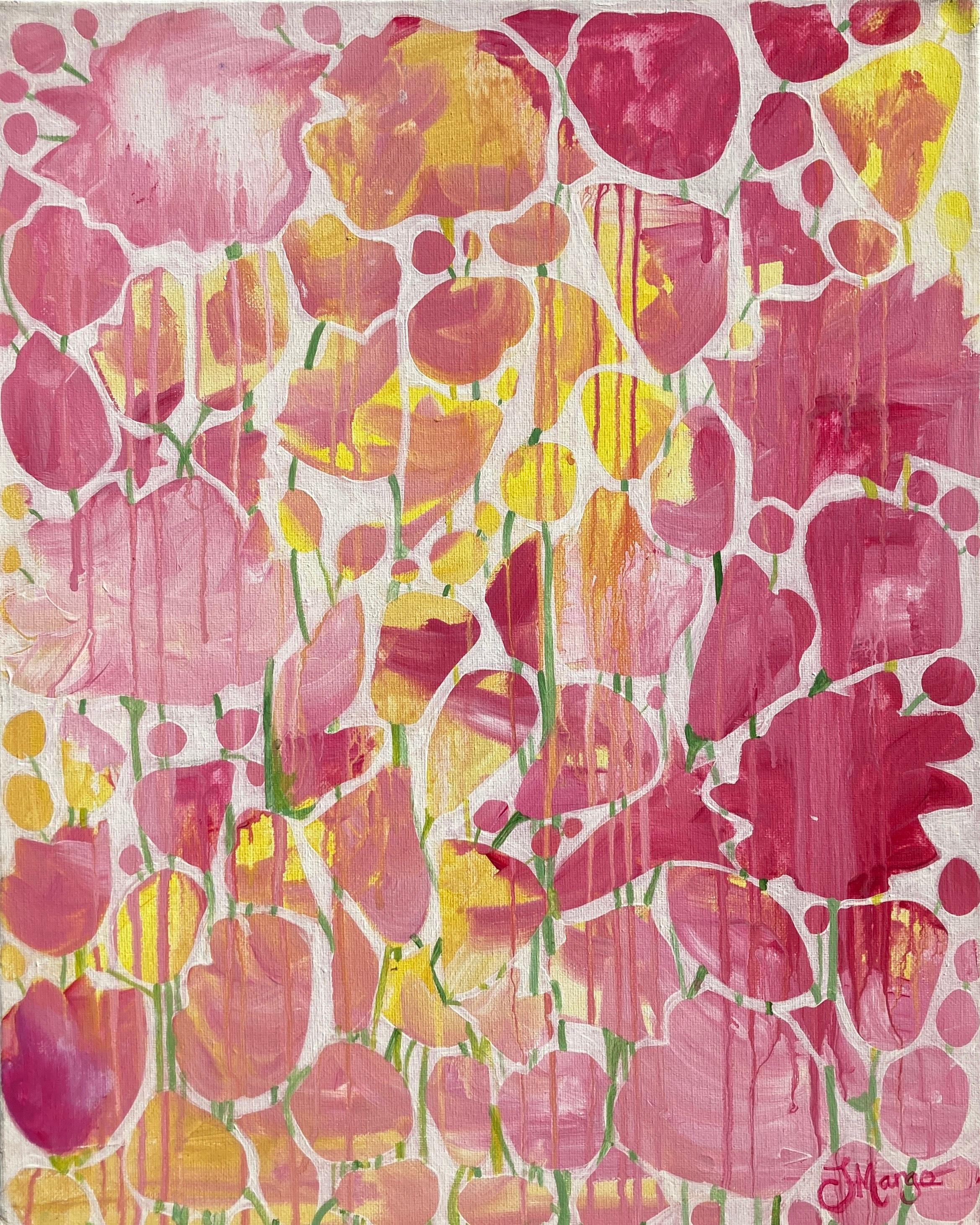 <p>Artist Comments<br />An abstract garden of brilliant pink and yellow flowers, dripping with rain. Joyanna says the painting is a nod to Barbara Streisand's song Don't Rain on My Parade.  Her signature 'negative space' floral scenes are intended