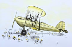 Lithographie originale signée « DANDELION », biplan historique, histoire de l'aviation