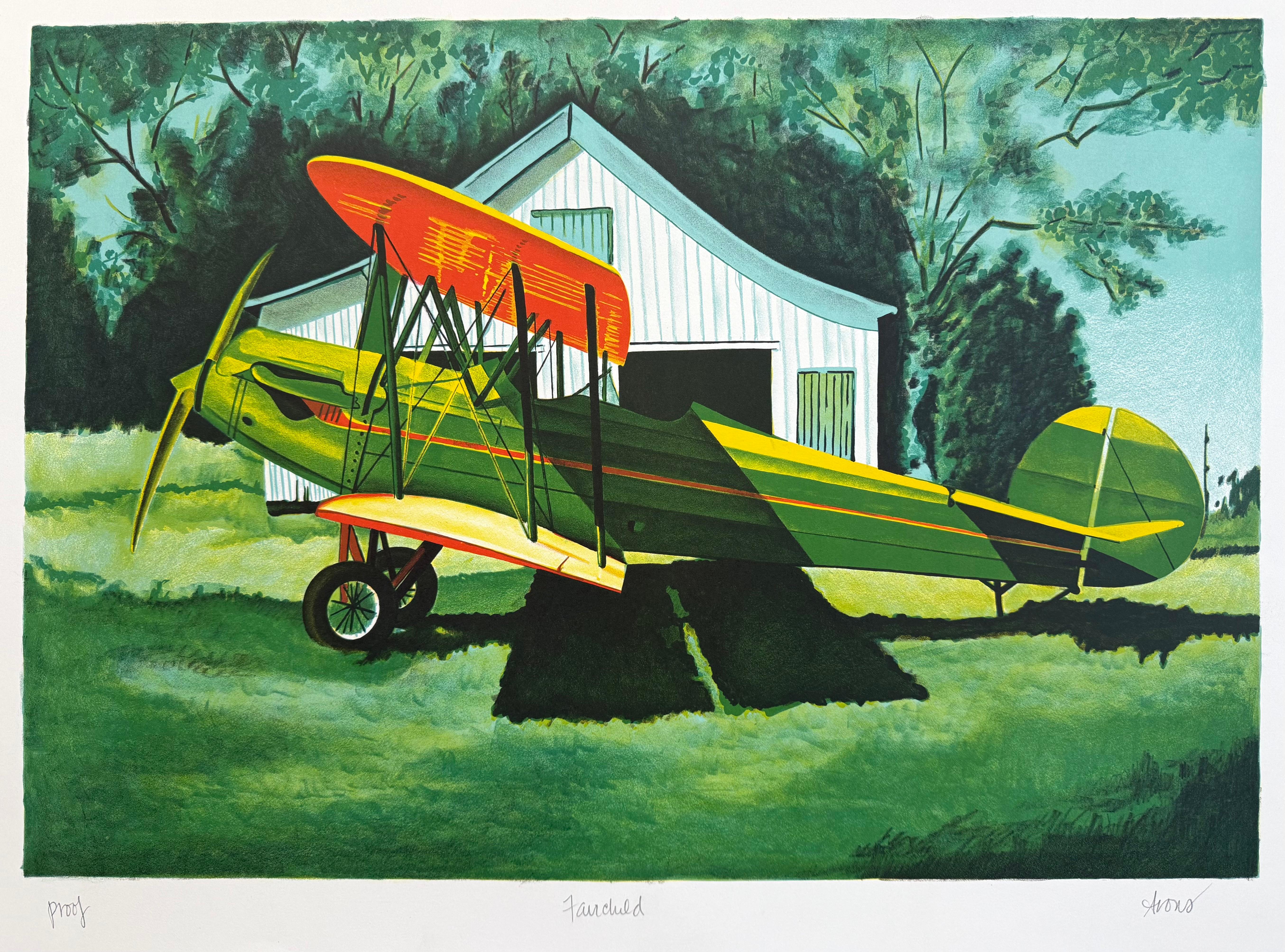 FAIRCHILD Signed Original Lithograph, Historic Biplane, Aviation History – Print von Joyce Arons