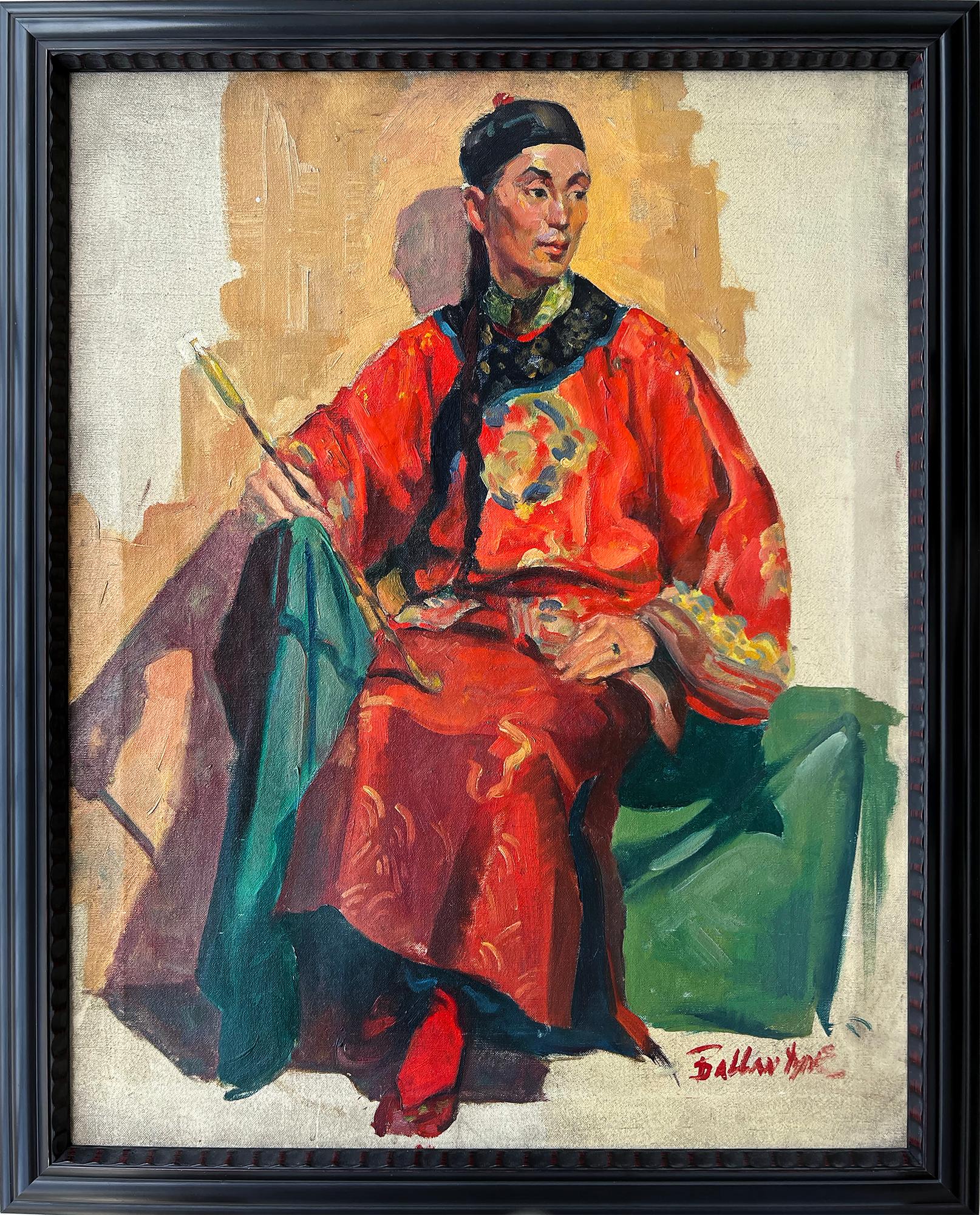 Gekleidet in traditioneller Kleidung,  ist ein gutaussehender Chinese abgebildet, der entschlossen mit einer Hand auf seinem Bein sitzt und mit der anderen einen Schlagstock hält. Die Künstlerin Joyce Ballantyne malt mit schnellen, sicheren