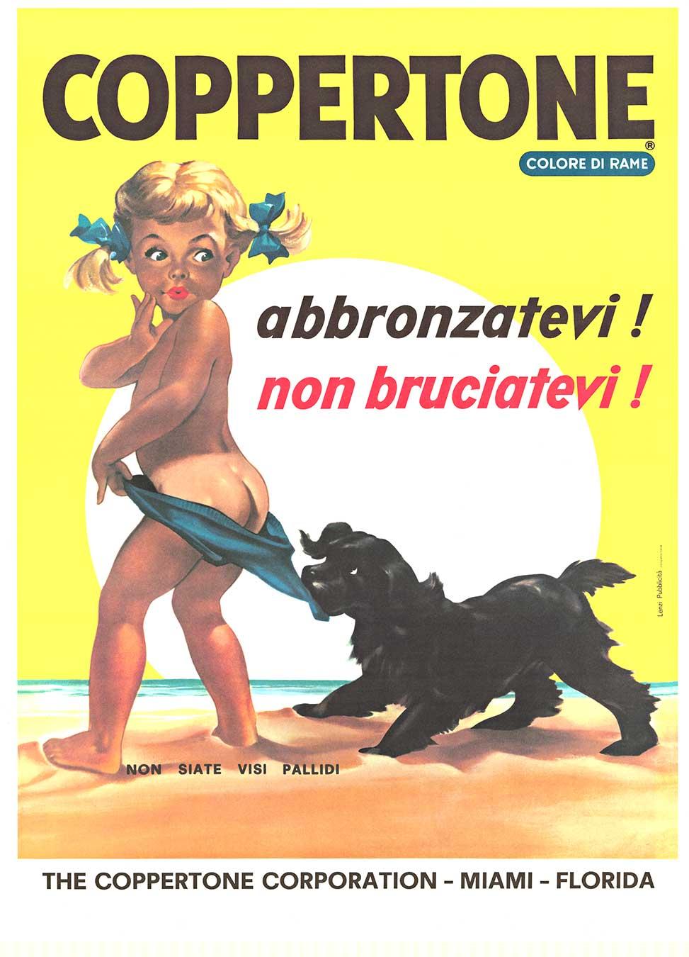 Original Coppertone Italienische Sonnenschutzcreme, kleinformatiges Vintage Poster