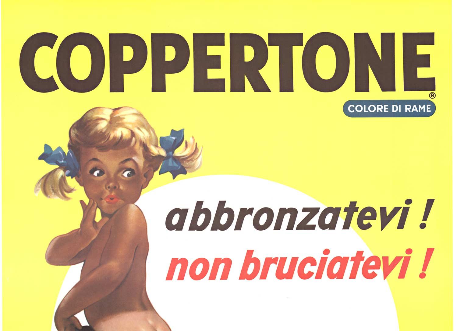 Affiche vintage originale de lotion suntan en cuivre - Italie - Modernisme américain Print par Joyce Ballantyne