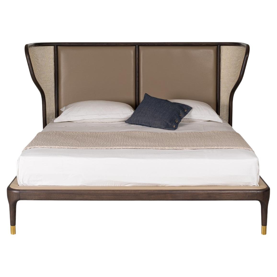Joyce bed by Morelato, solid Ash wood and Straw, Upholstered Headboard