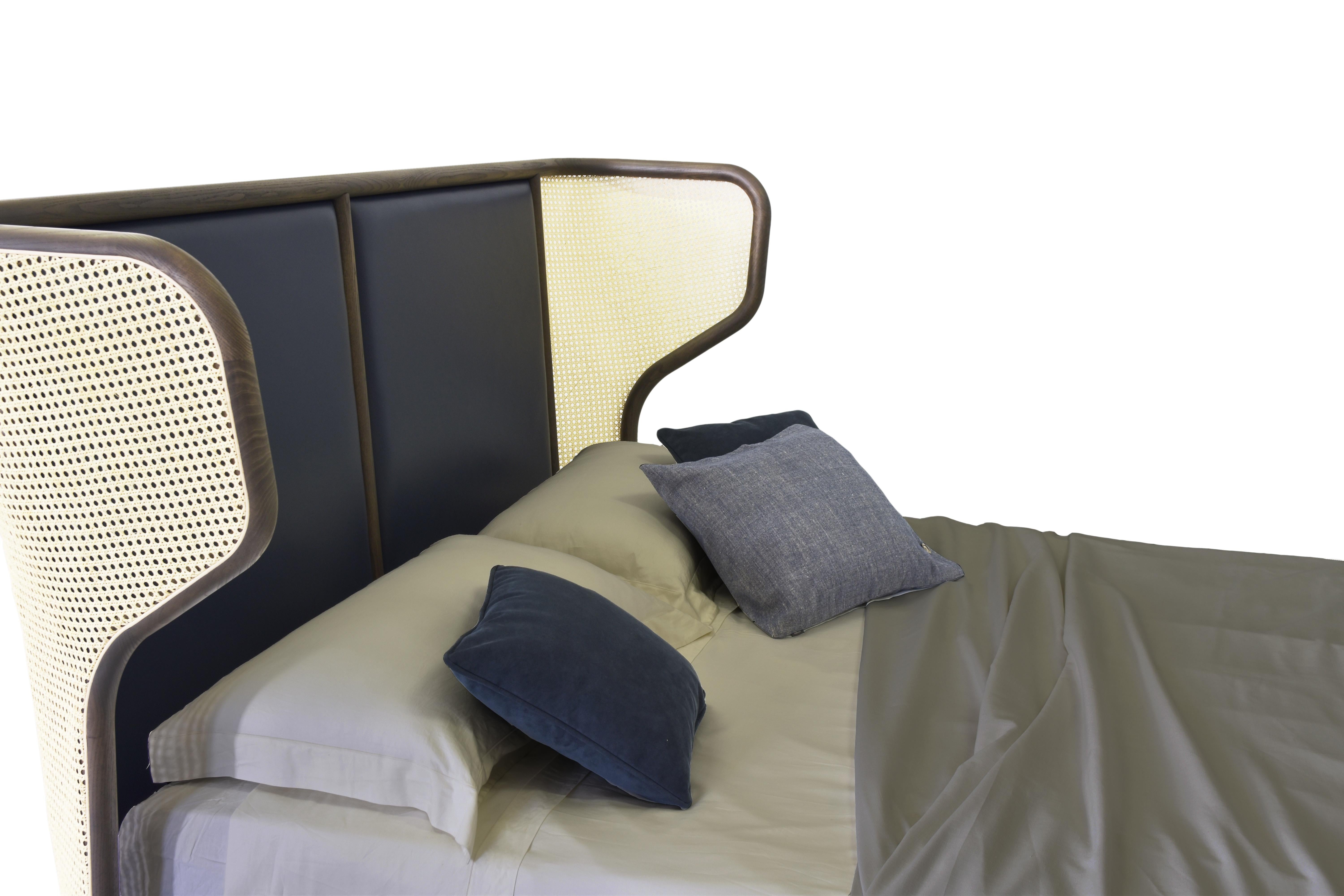 Contemporary Joyce by Morelato, Bed Made of Ashwood and Straw, with Upholstered Headboard