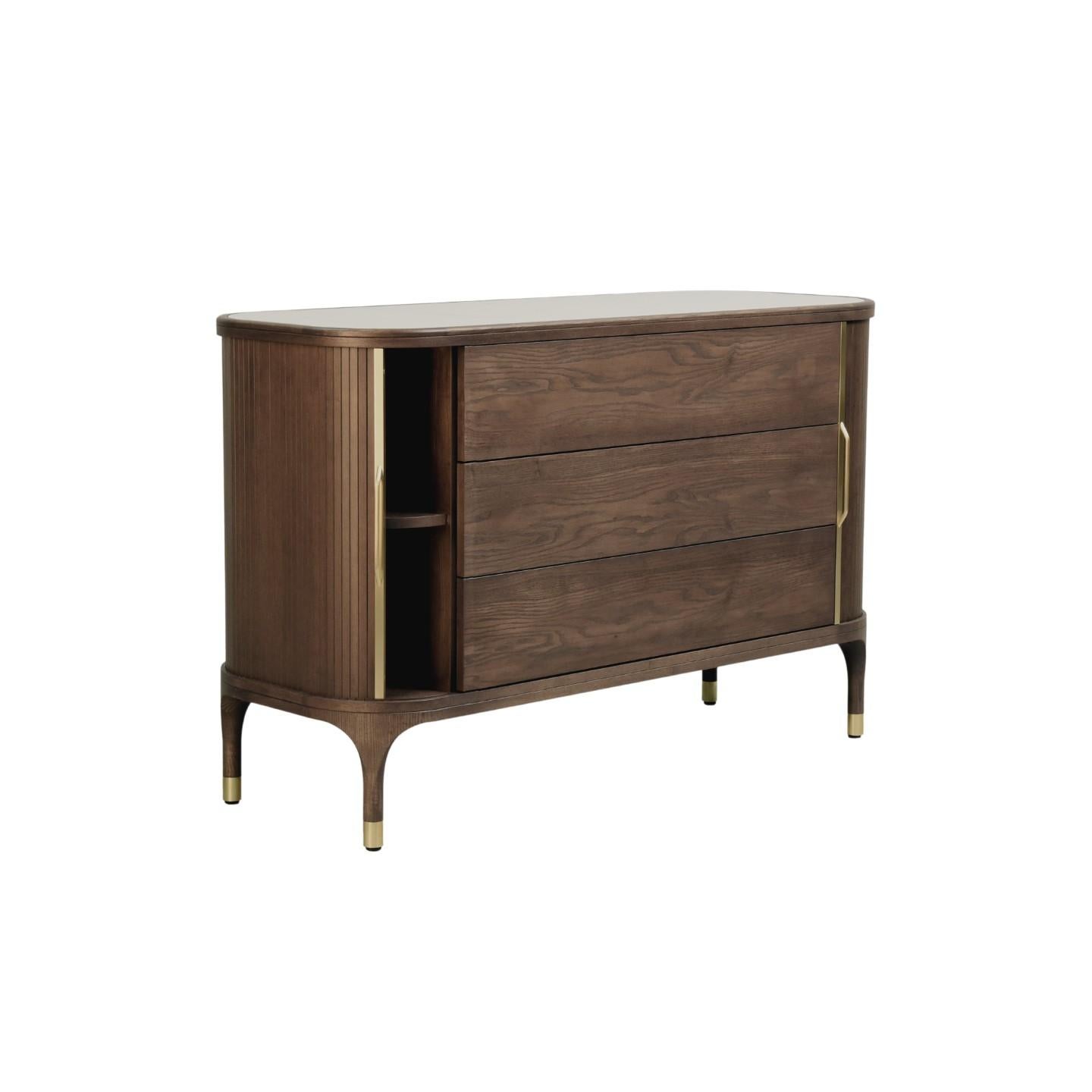 Italian Joyce Chest of Drawers, Made of Ashwood, Brass and Marble Top For Sale