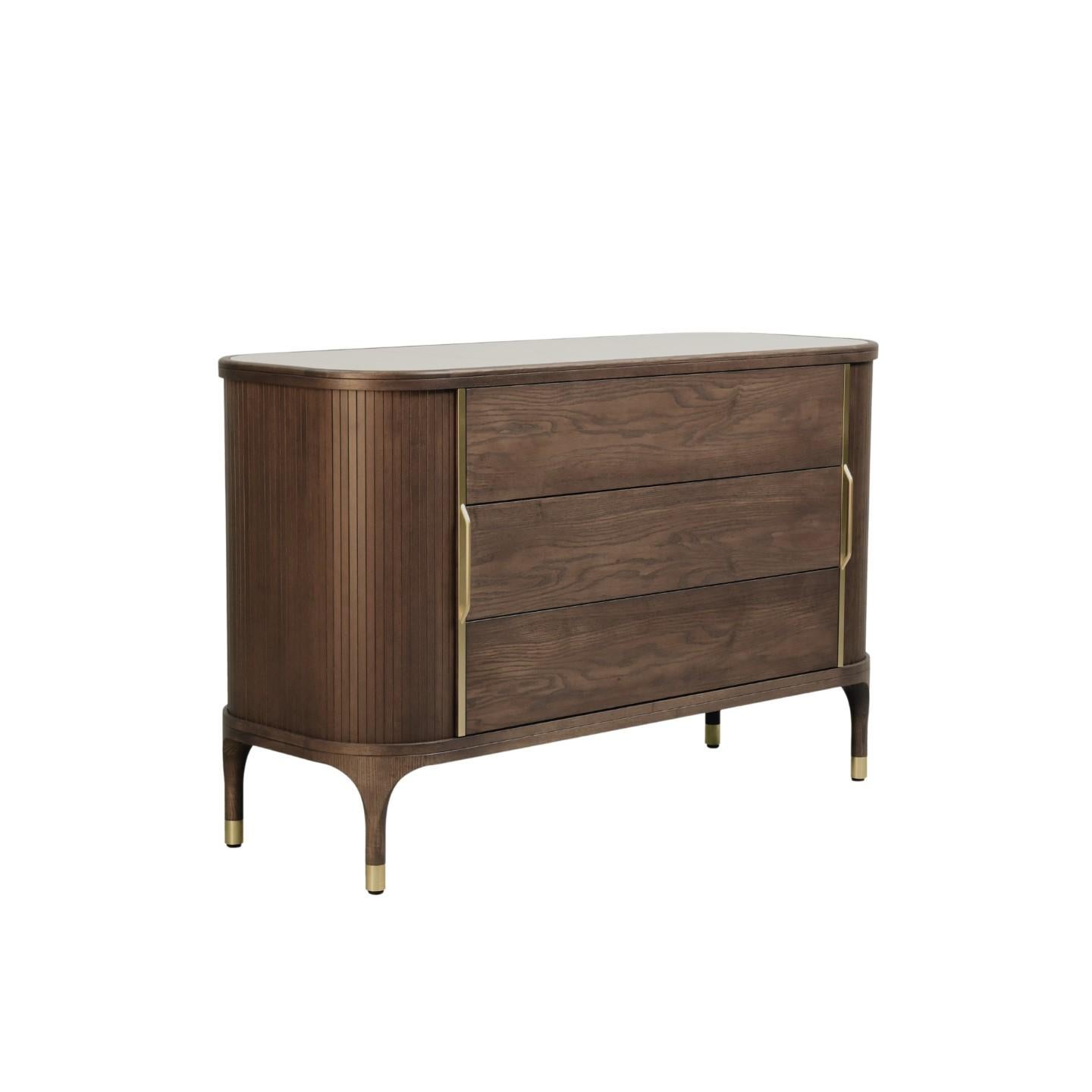 Contemporary Joyce Chest of Drawers, Made of Ashwood, Brass and Marble Top For Sale