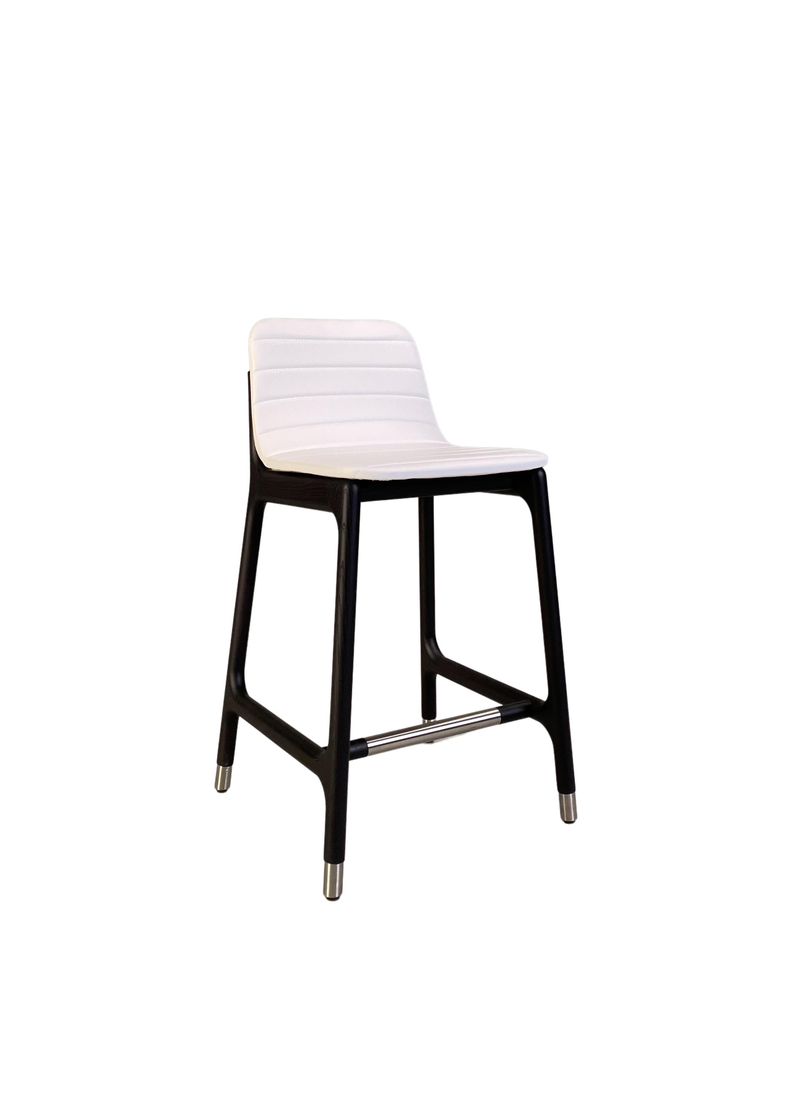 Italian Joyce Contemporary Bar Stool in Ashwood and Leather with Steel Cups and Footrest For Sale