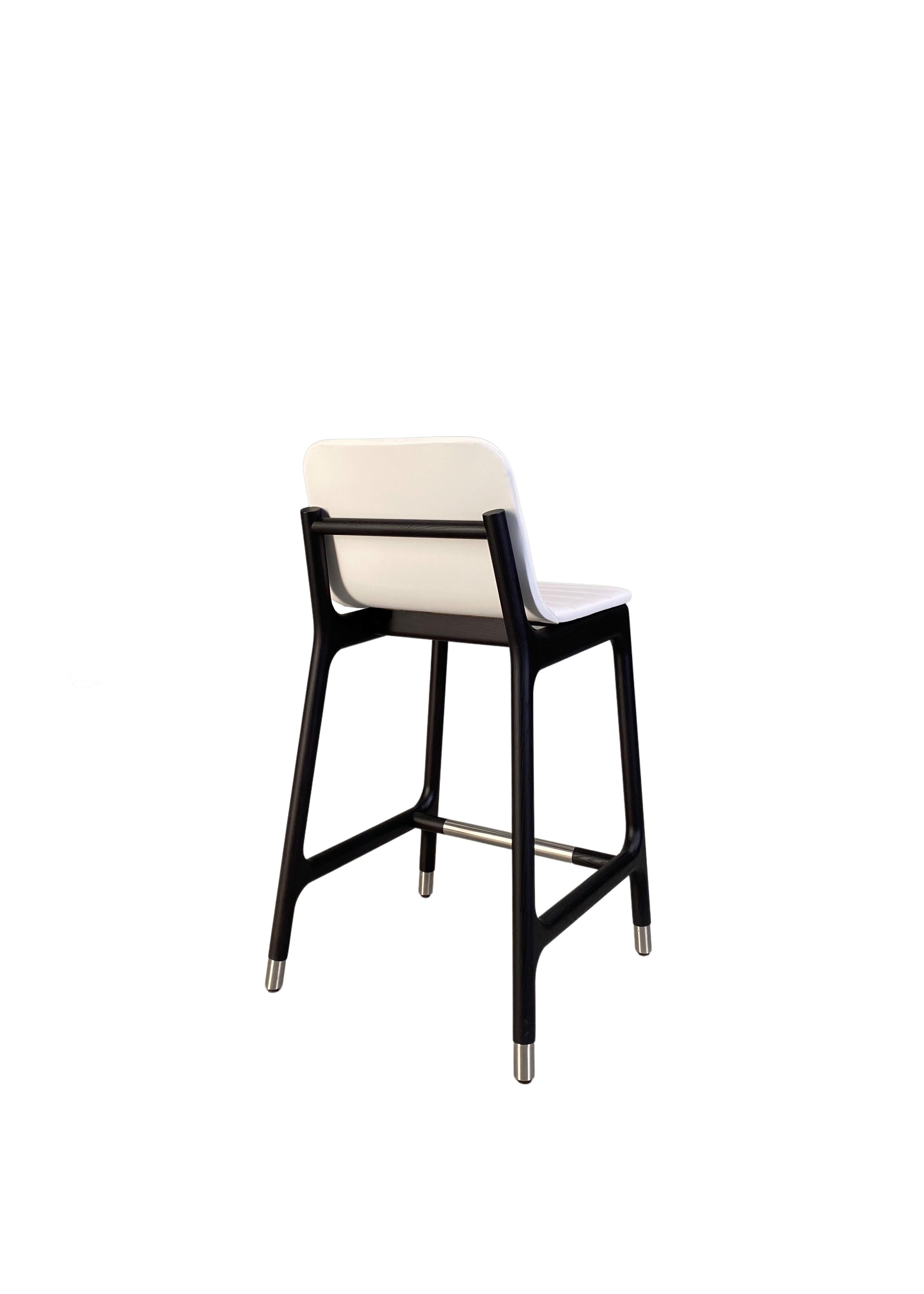 Joyce Contemporary Bar Stool in Ashwood and Leather with Steel Cups and Footrest For Sale 3
