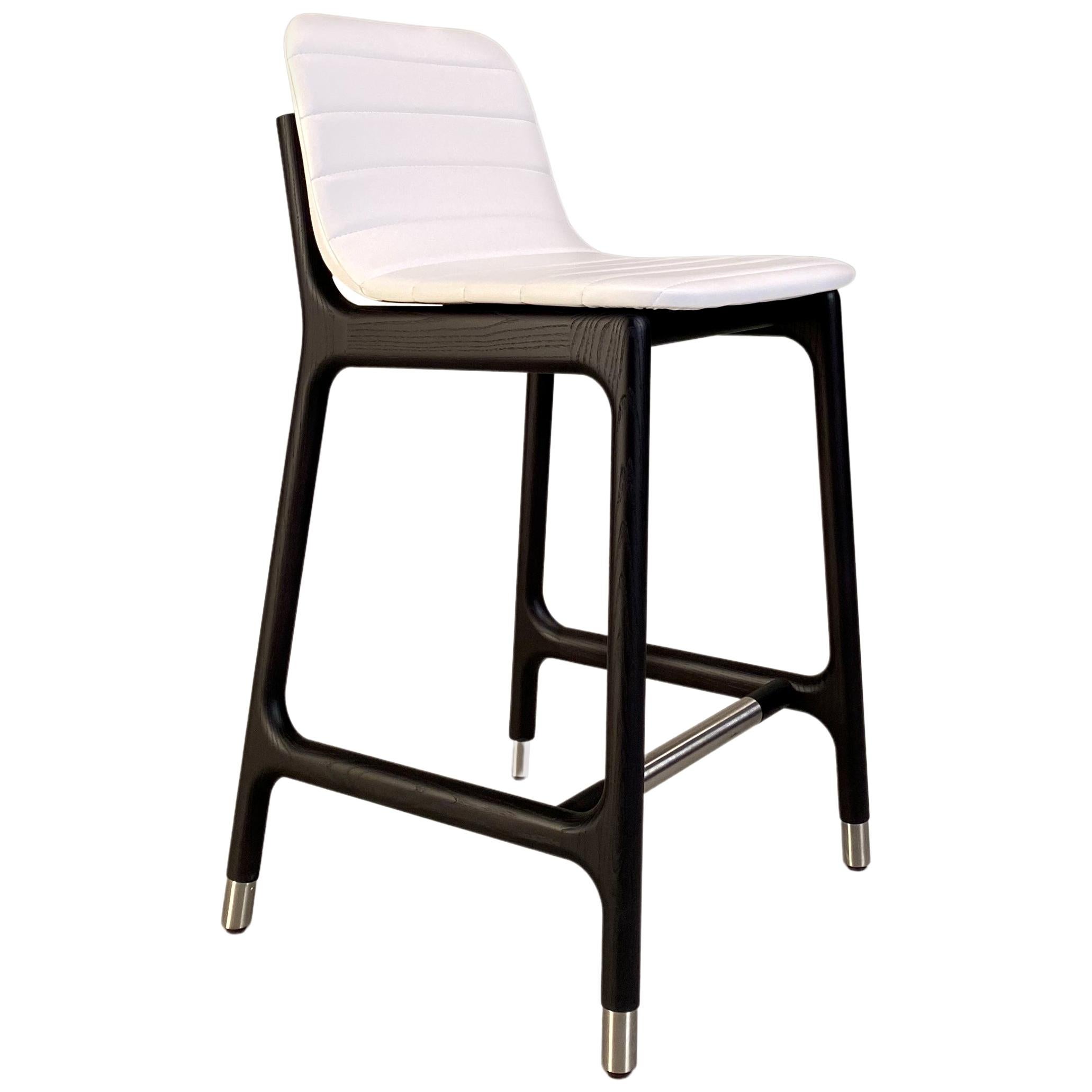 Joyce Contemporary Bar Stool in Ashwood and Leather with Steel Cups and Footrest