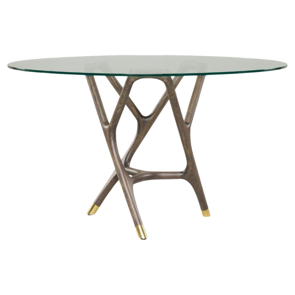 Joyce Contemporary Dining Round Table in Turned Ashwood and Glass Top For Sale