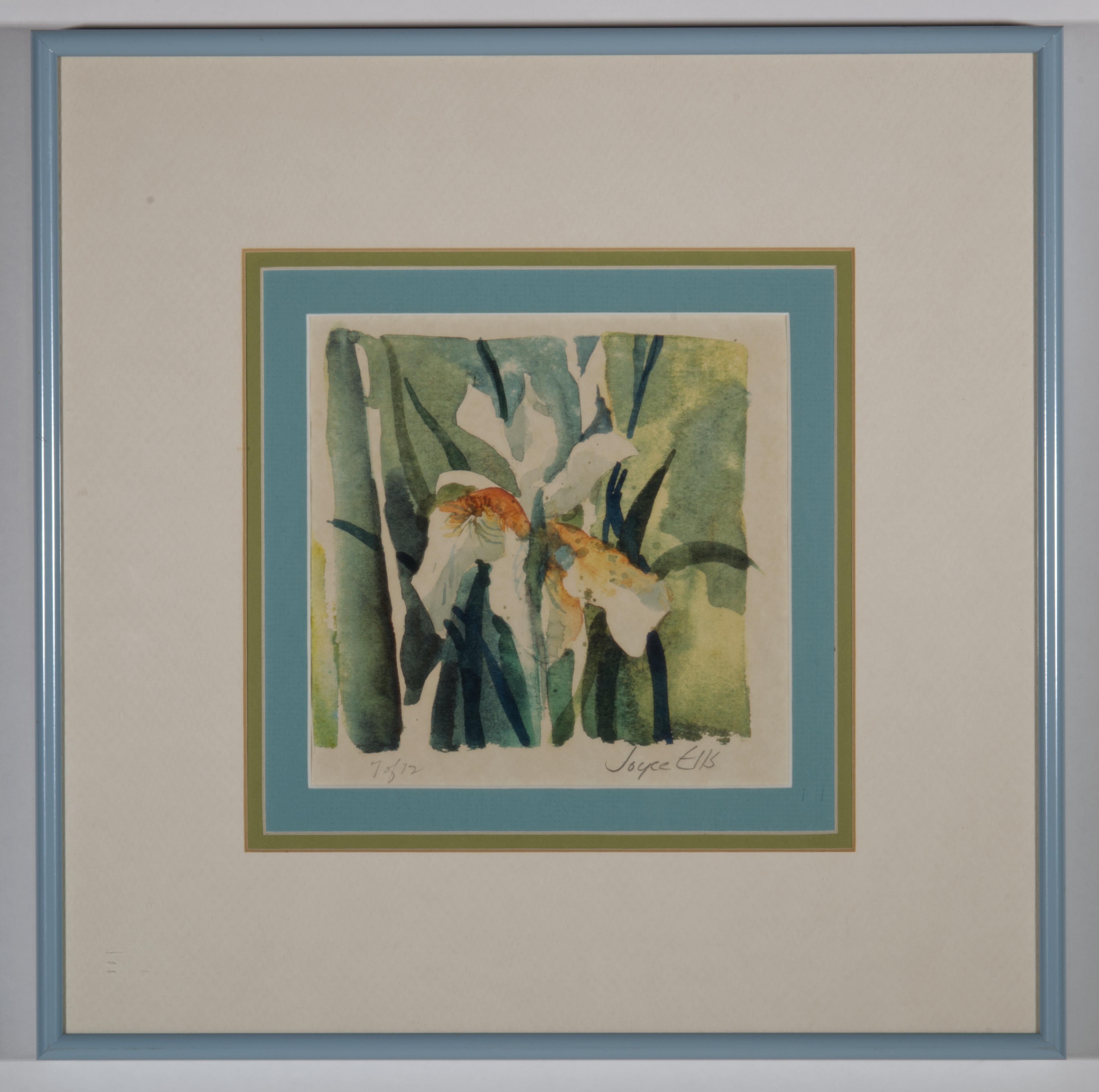  The original watercolor depicts white flowers, possibly irises or narcissi, growing amongst the green leaves and grasses. Darker, moody colors of the greenery on the background suggest that the flowers grow in a shady area, perhaps in a garden or a