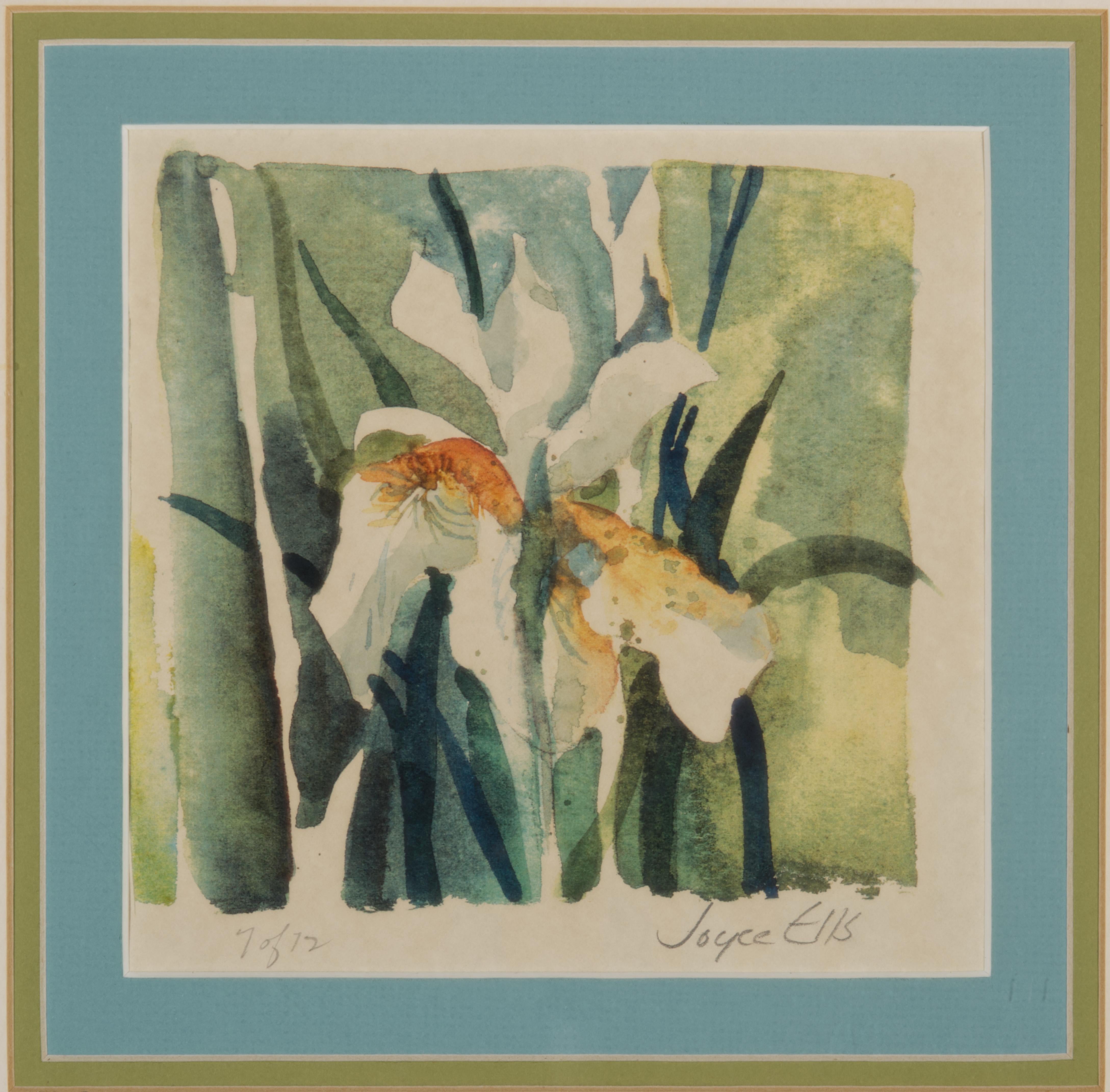 Joyce Ells Watercolor Painting, 1972, Moody Flowers, Framed (Moderne der Mitte des Jahrhunderts) im Angebot