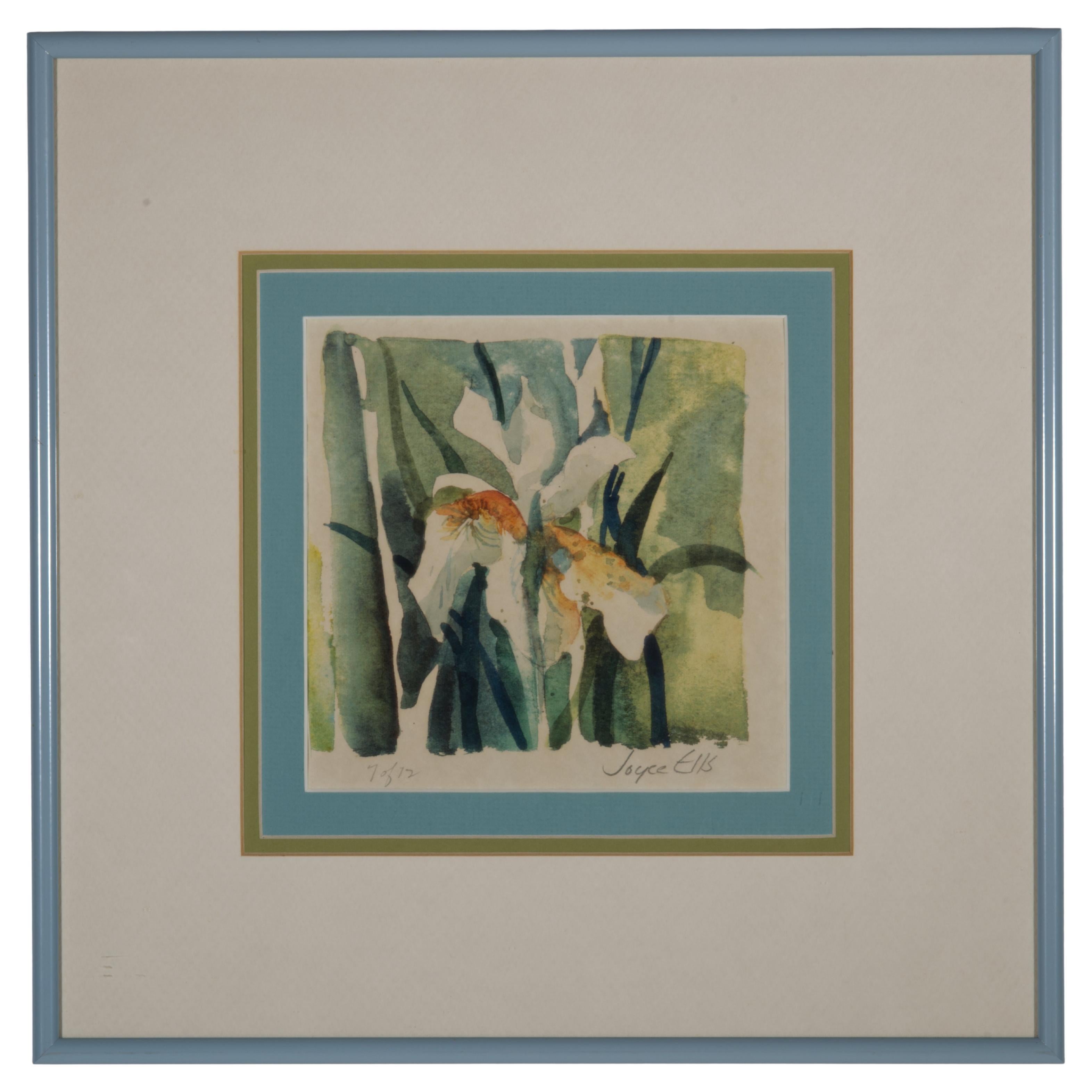 Joyce Ells Watercolor Painting, 1972, Moody Flowers, Framed