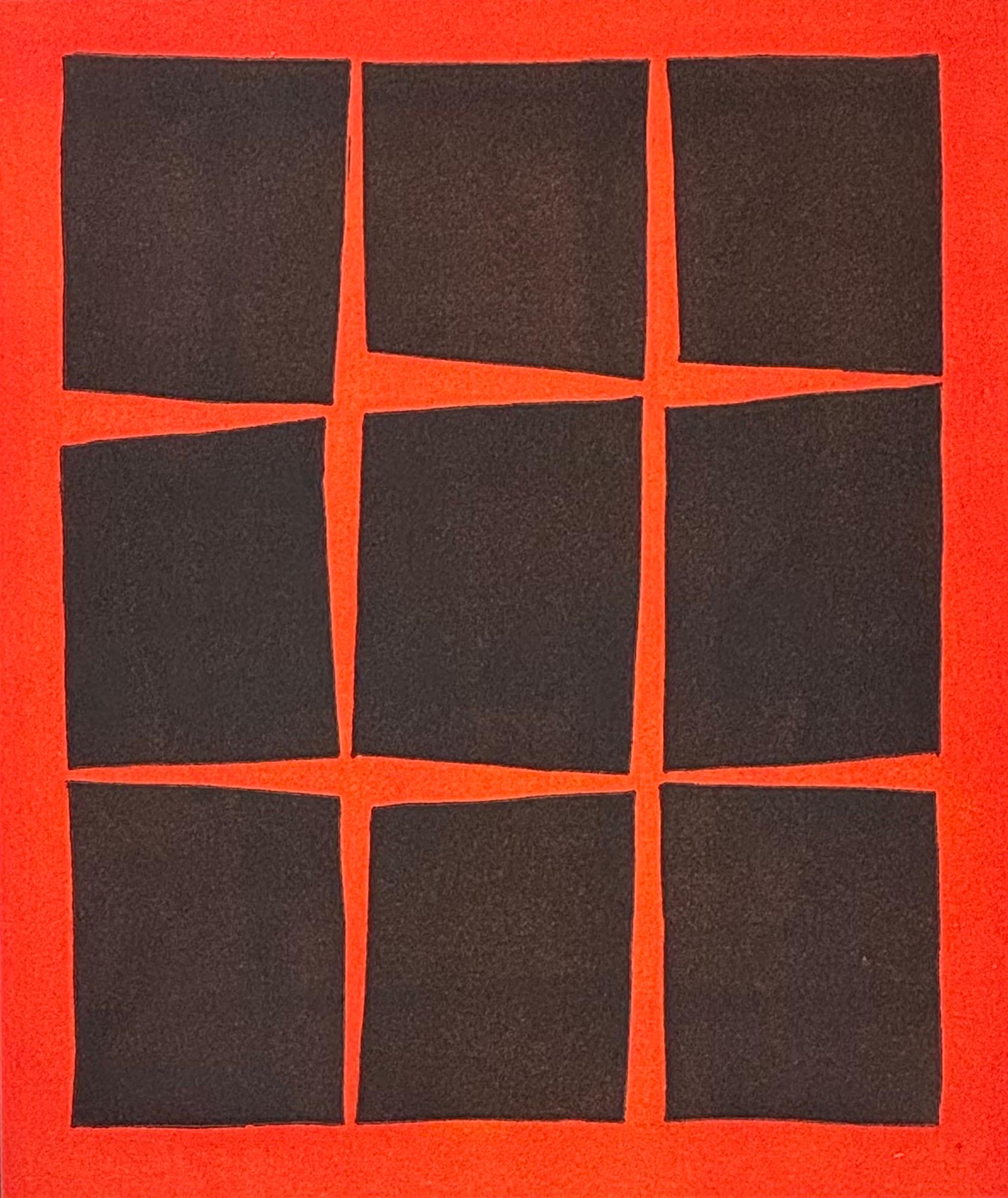 Linocut by Bay Area Joyce H Dean printmaker, we acquired a body of work by the artist, her career from this collection ranges from the 1970s to about the mid 1990s. This piece dates to 1976, two color print in black and red with the squares embossed