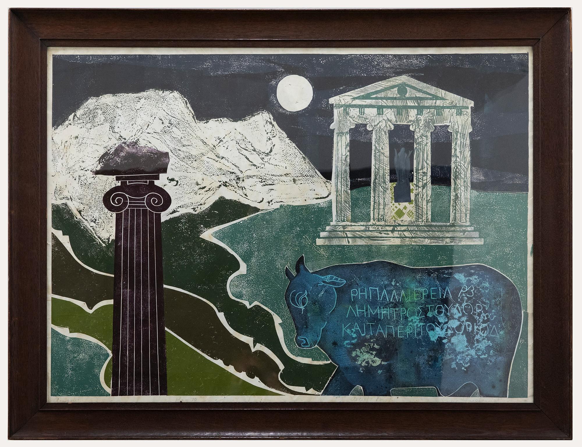 Une interprétation imaginative de l'Acropole d'Athènes en Grèce. La scène montre l'Acropole sur une colline avec une colonne dorique et un taureau au premier plan. Signé, titré et daté sur la bordure inférieure. Artistics proof. Présenté dans un