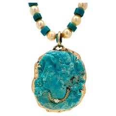 "Joyce" Large Turquoise Cameo Pendant on Removable Pearl & Turquoise Necklace
