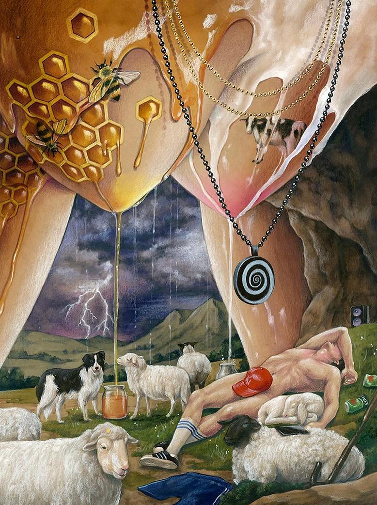 Arte pop contemporáneo bodegón interior oro pintado a mano surrealismo - Painting de Joyce Lee