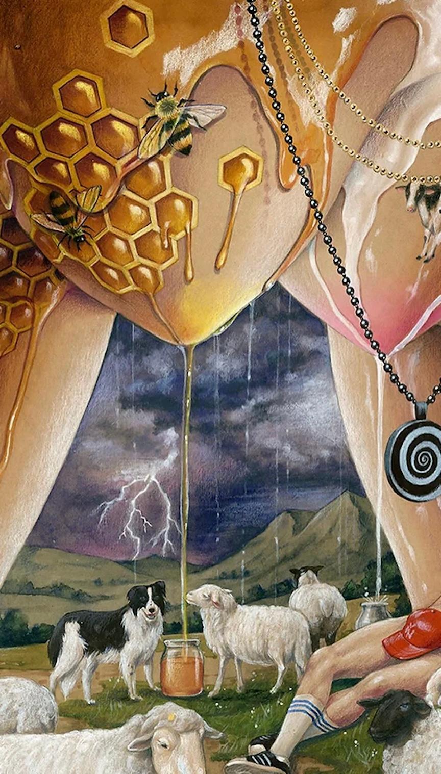 Arte pop contemporáneo bodegón interior oro pintado a mano surrealismo - Figurative Painting Oro de Joyce Lee