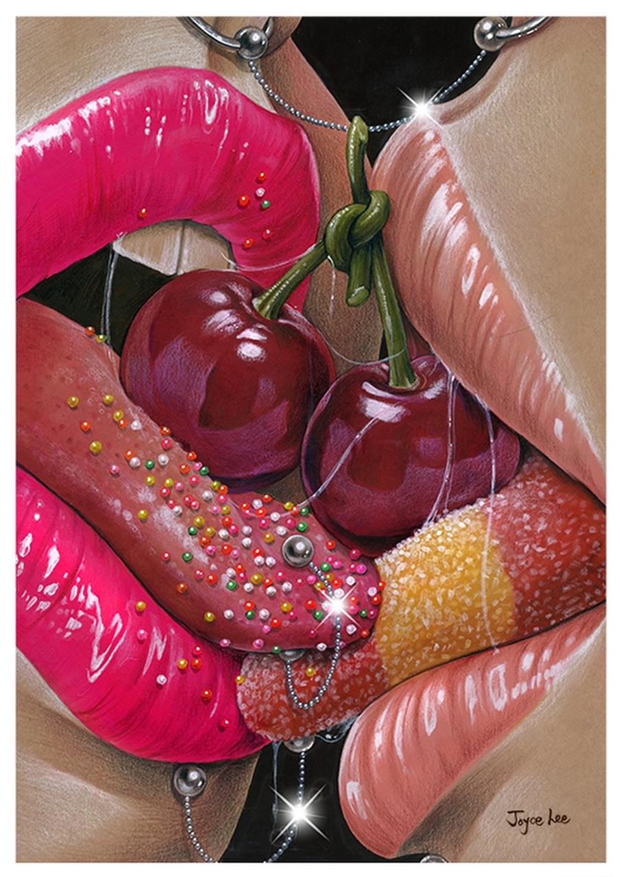 Arte pop contemporáneo bodegón interior rojo y rosa pintado a mano - Portrait Painting Beige de Joyce Lee