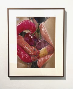 Pop art contemporanea, natura morta in interni rossi e rosa dipinti a mano