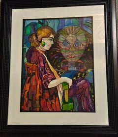 Original Framed Watercolor Woman and Figure Colorful 29x35 Large Bold Shapes