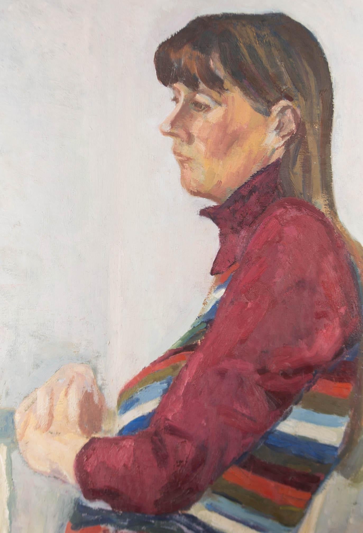 Impastoed oils provide gestural subtleties to this muted portrait of a woman lost in contemplation. The overall artwork provides a subdued, quiet atmosphere. Unsigned.

On wove.