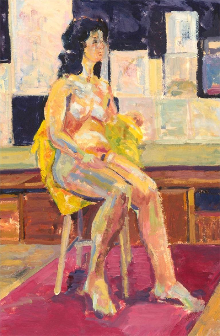 Bright, technicoloured oils are used in an impastoed manner to render an expressive portrait of a seated nude. The artwork is unsigned. On wove.