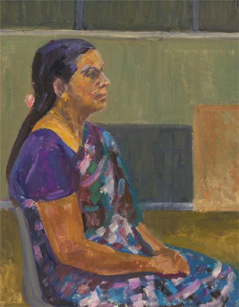 Impulsive Pinselführung und eine duftende Palette fangen eine Hindu-Dame ein, die einen Kontrast zu ihrer tristen Umgebung bildet. Nicht signiert. Auf Leinwandpapier.