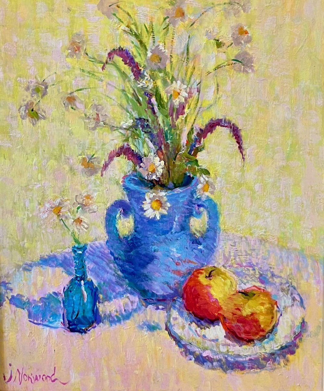 This painting "Arrangement for Spring" is a 24x20 oil painting on canvas by artist Joyce Norwood. Featured is a lovely springy bouquet still life of two vases full of Daisies and a plate of two apples. Set against a bright yellow-orange background