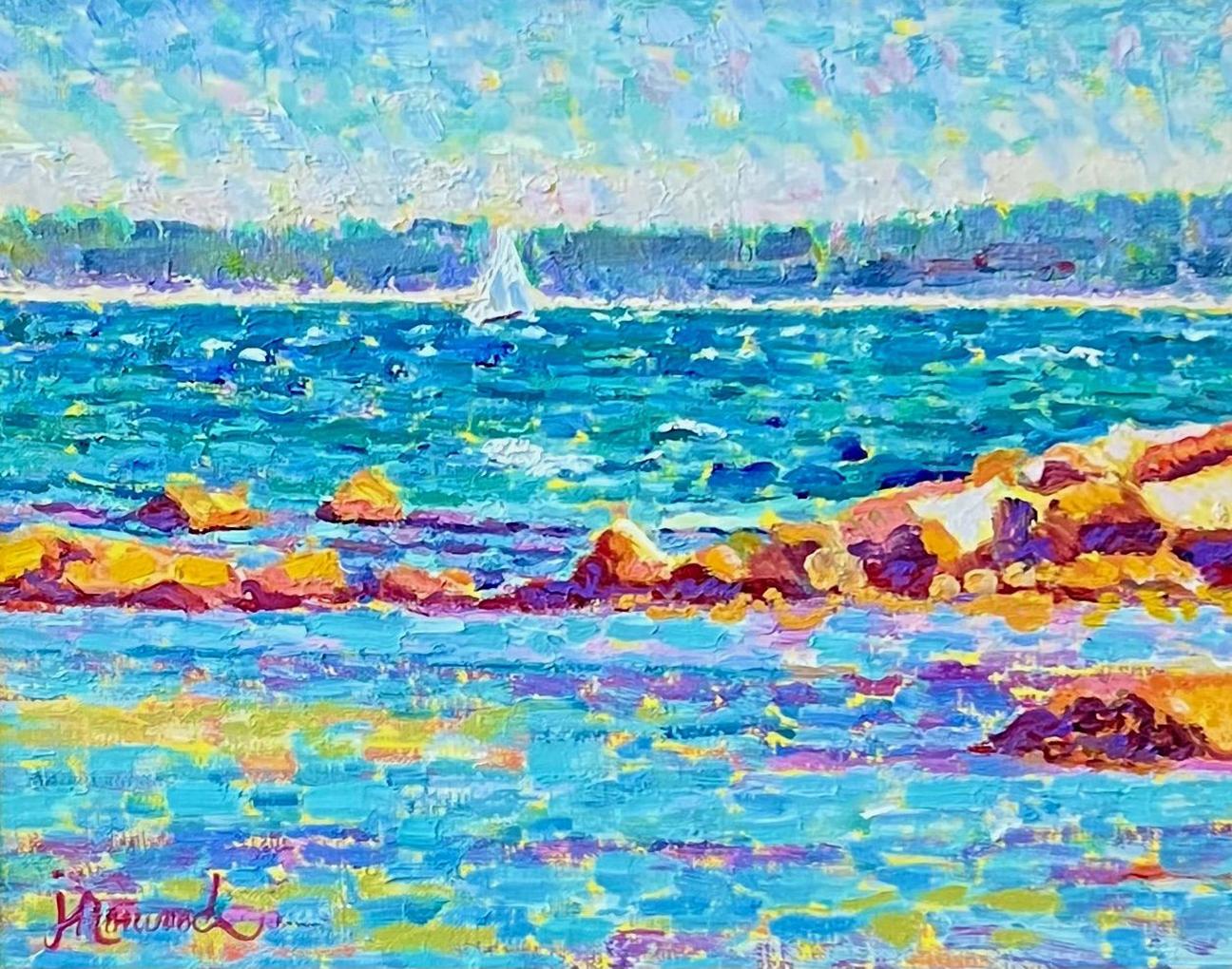 This painting "Radiant Waters" is a 11x14 oil painting on canvas by artist Joyce Norwood. Depicted is an impressionistic view of a coastal beach seascape. Choppy rocks dot the shoreline while a lone sailboat sails off towards the horizon line.
