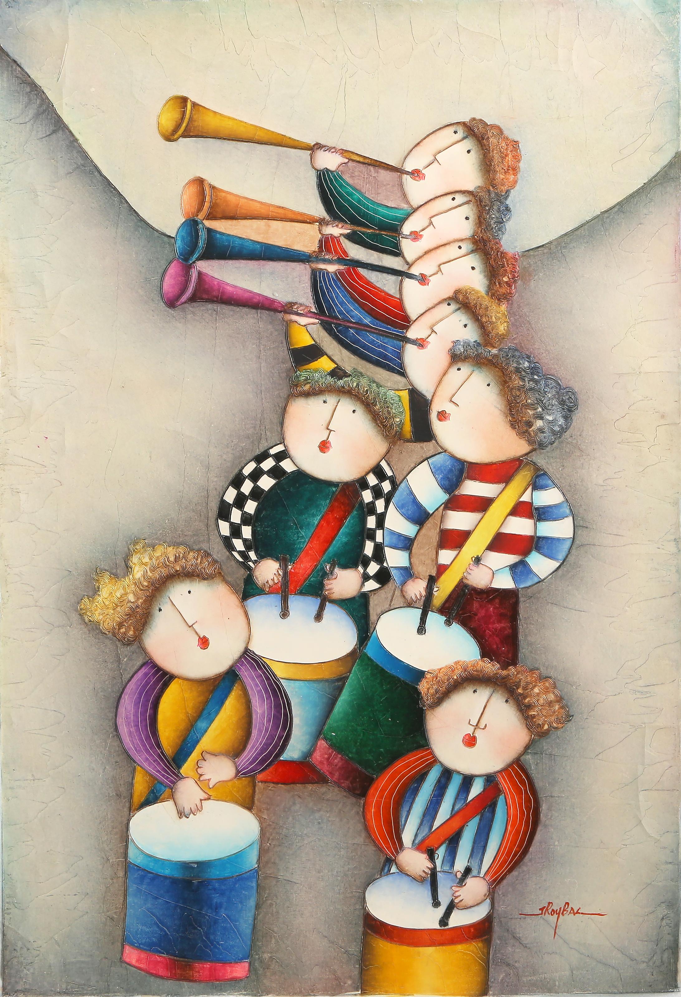 Band
Joyce Roybal, (1955)
Date: circa 1980
Oil and Mixed media on Canvas, signed lower right
Size: 36.5 x 24.5 in. (92.71 x 62.23 cm)