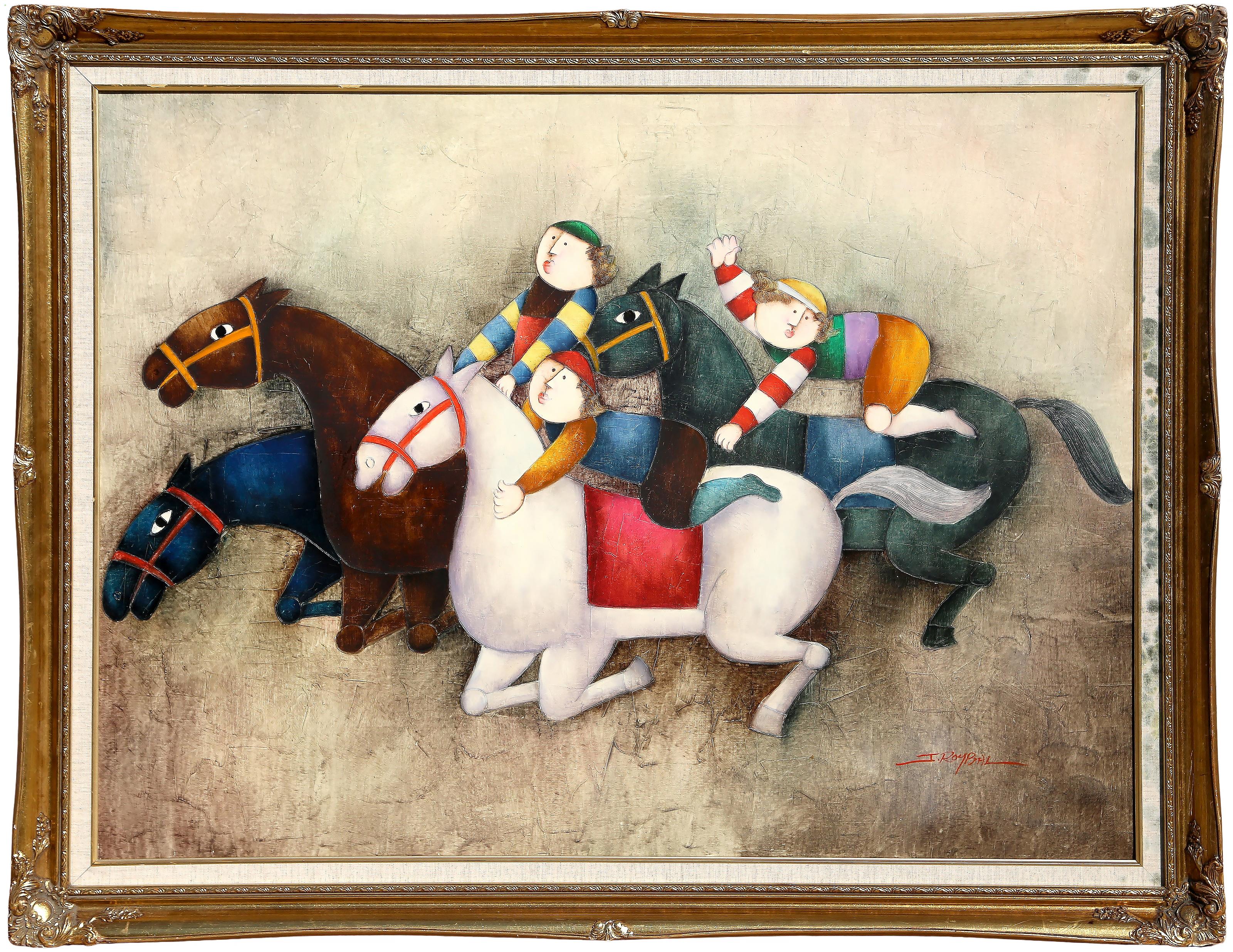 Figure che cavalcano cavalli
Joyce Roybal, (1955)
Olio su tela, firmato in basso a destra
Dimensioni: 30 x 40 pollici (76,2 x 101,6 cm)
Dimensioni della cornice: 35,5 x 45,5 pollici