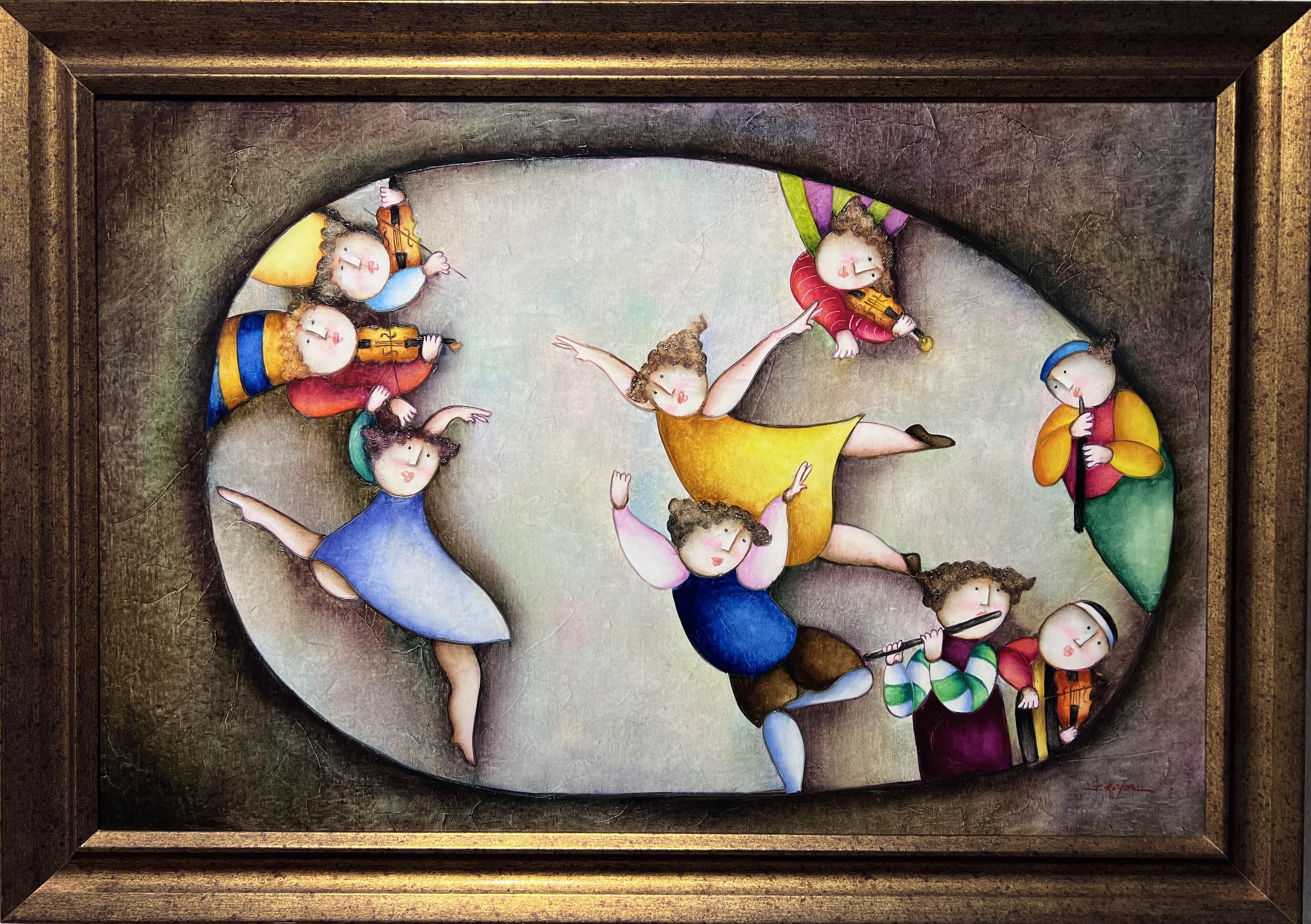 Questo imponente dipinto di grandi dimensioni su tela è opera della rinomata artista Joyce Roybal, nota per la creazione di scene spensierate e stravaganti. Lo stile caratteristico di Roybal combina colori vivaci e strutturati e forme geometriche