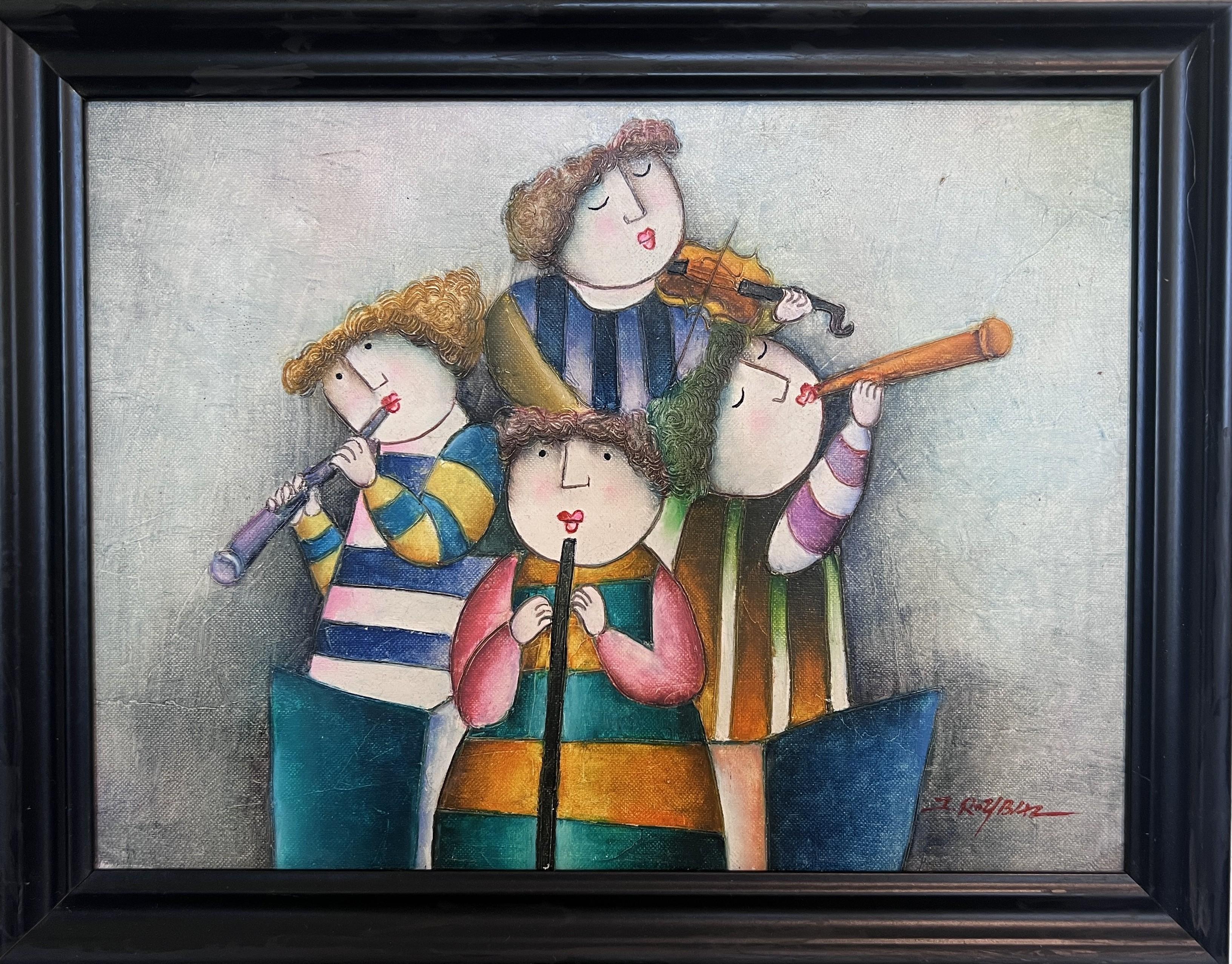 Esta encantadora pintura original sobre lienzo de Joyce Roybal muestra a un caprichoso grupo de músicos tocando alegremente instrumentos en el estilo naïf característico de Roybal. Con colores atrevidos, motivos juguetones y formas exageradas, esta