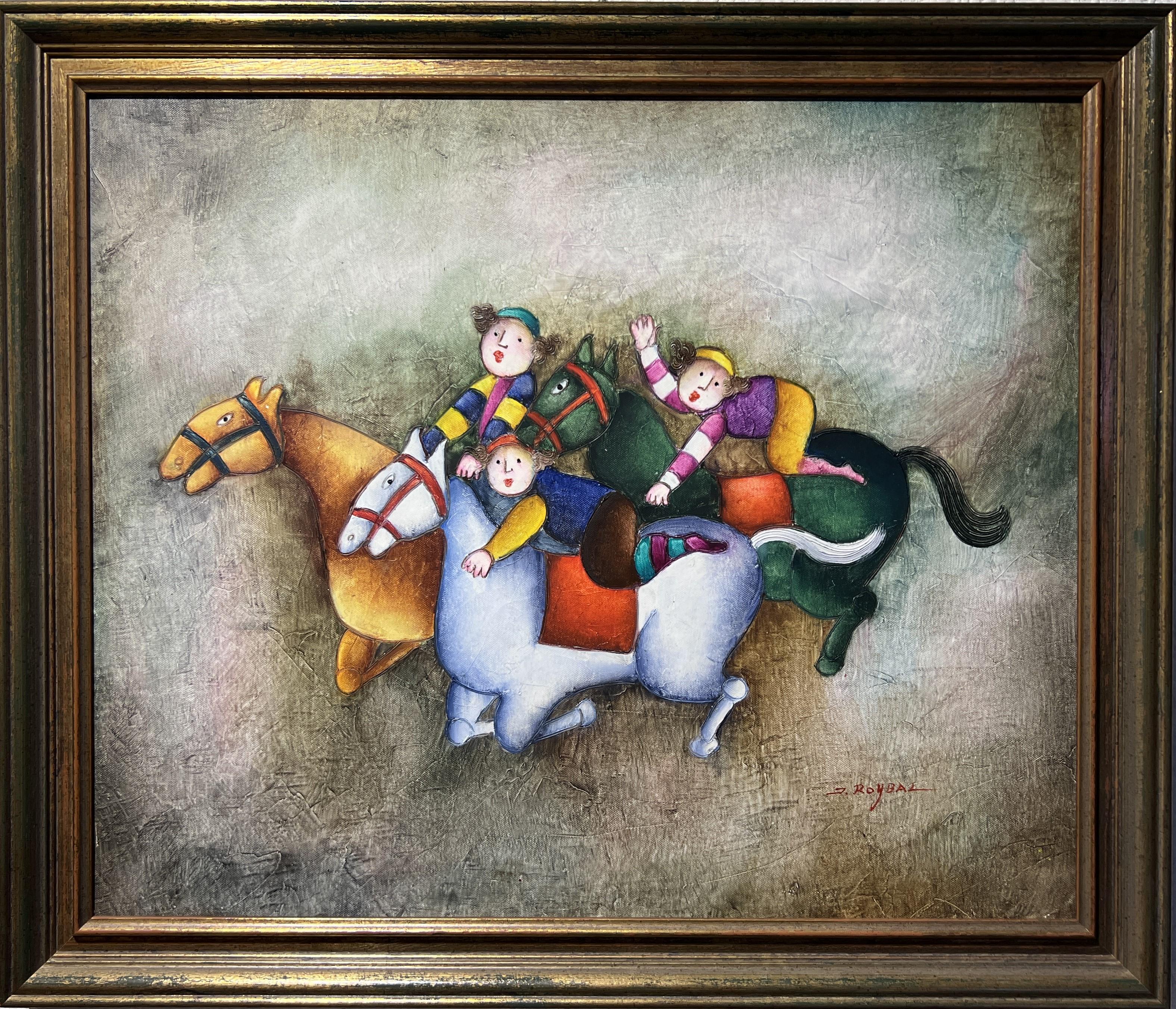 This impressive large painting on canvas by Joyce Roybal. Joyce Roybal's paintings are lighthearted and almost cartoonish, using bright, textured colors and geometric shapes. The perfectly symmetrical faces of the children in his paintings and their