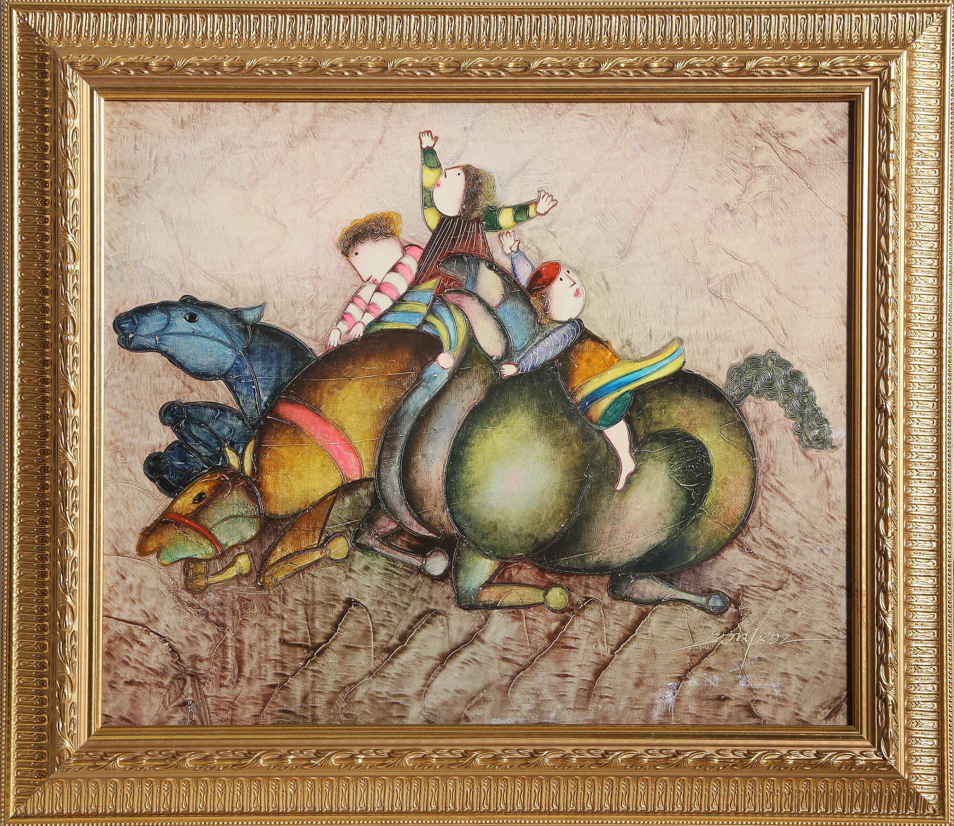 Jinetes
Joyce Roybal, (1955)
Óleo sobre lienzo, firmado abajo a la derecha
Tamaño: 50,17 x 60,96 cm (19,75 x 24 pulg.)
Tamaño del marco: 26 x 29,75 pulgadas