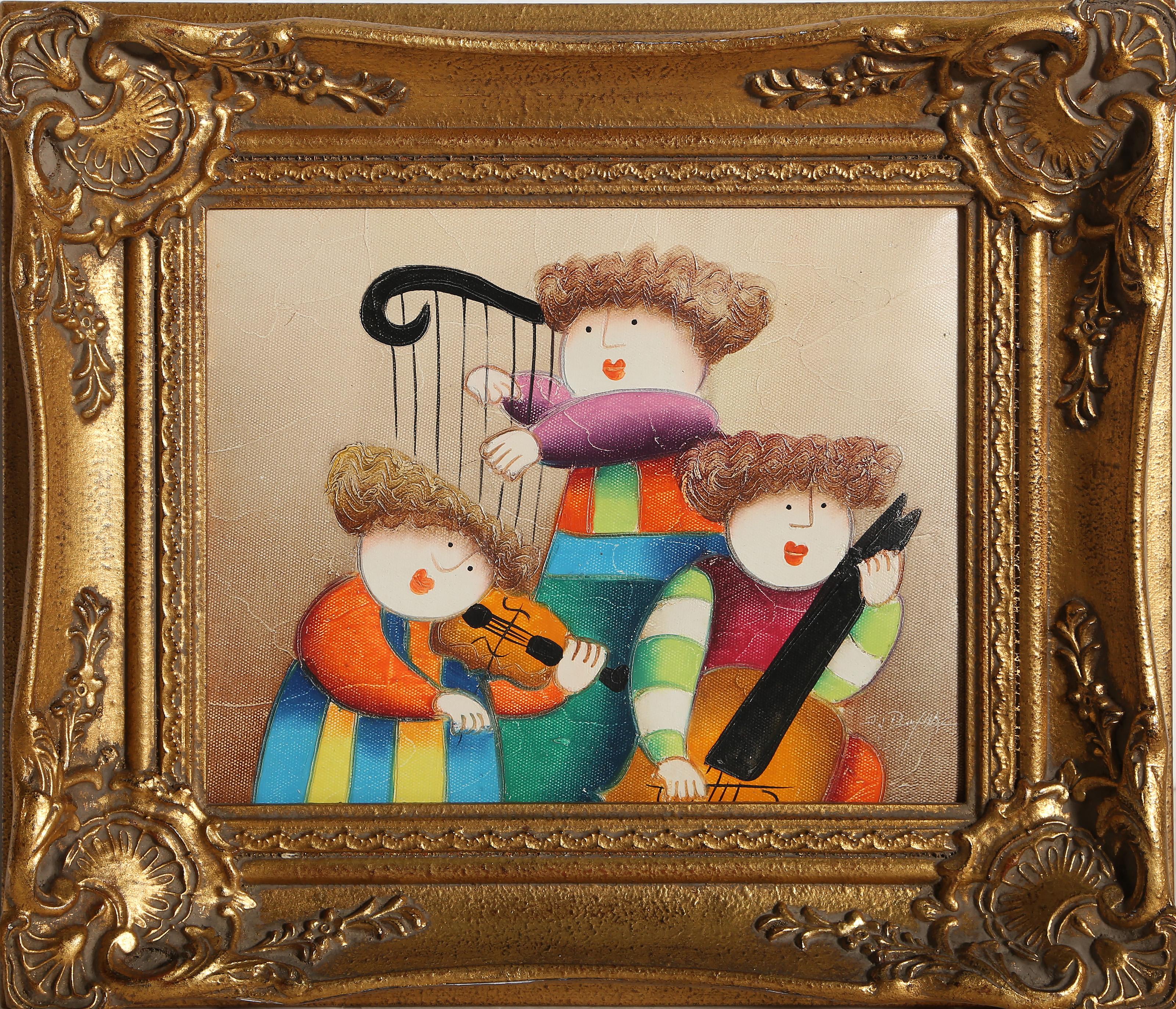 Joyce Roybal, American (1955 - ) - String Trio, Medium:  Oil on Canvas, signed lower right, Size:  8 x 10 in. (20.32 x 25.4 cm), Frame Size:  12.5 x 14.75 inches